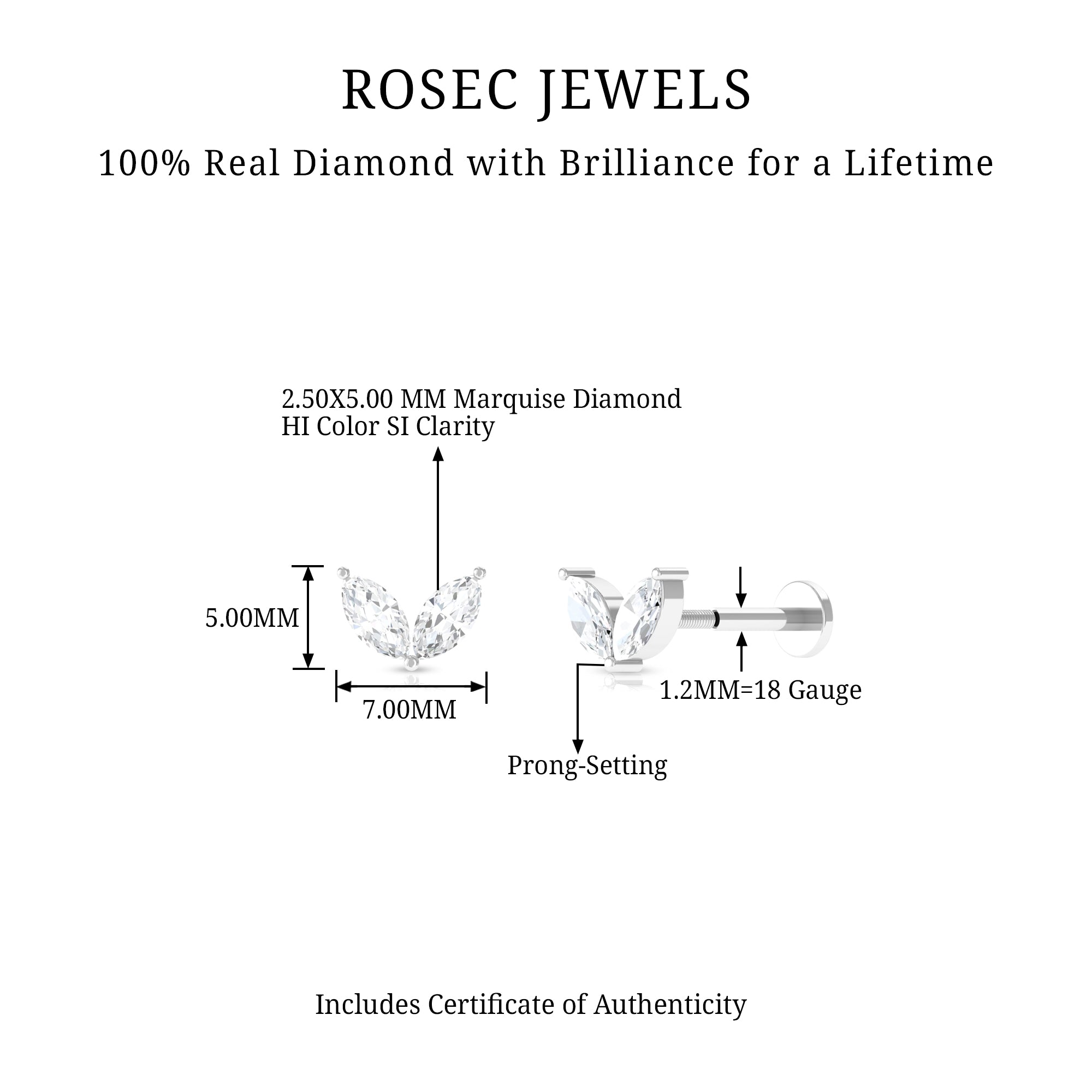 Marquise Diamond Two Stone Earring for Tragus Piercing Lab - ( EF-VS ) - Rosec Jewels