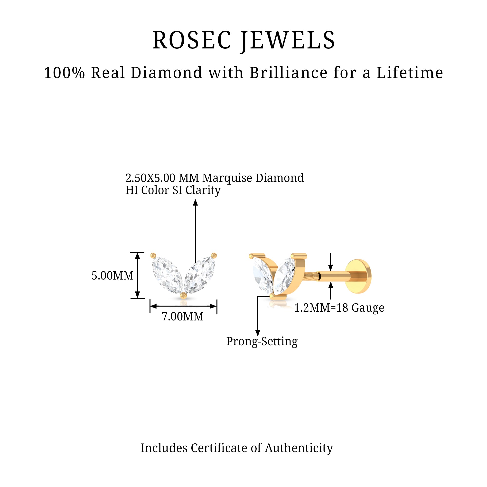 Marquise Diamond Two Stone Earring for Tragus Piercing Lab - ( EF-VS ) - Rosec Jewels