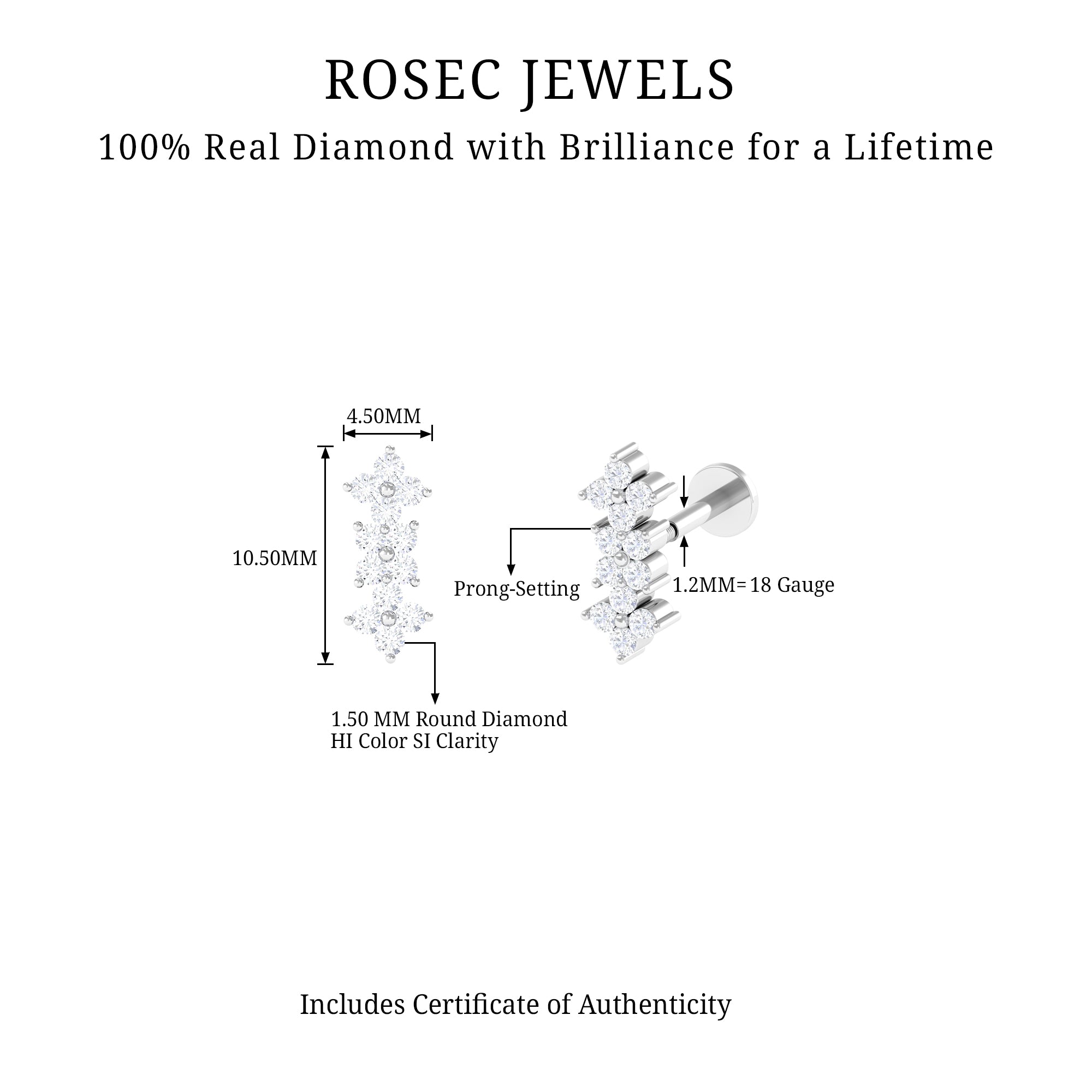 Diamond Flower Crawler Earring for Helix Piercing Lab - ( EF-VS ) - Rosec Jewels
