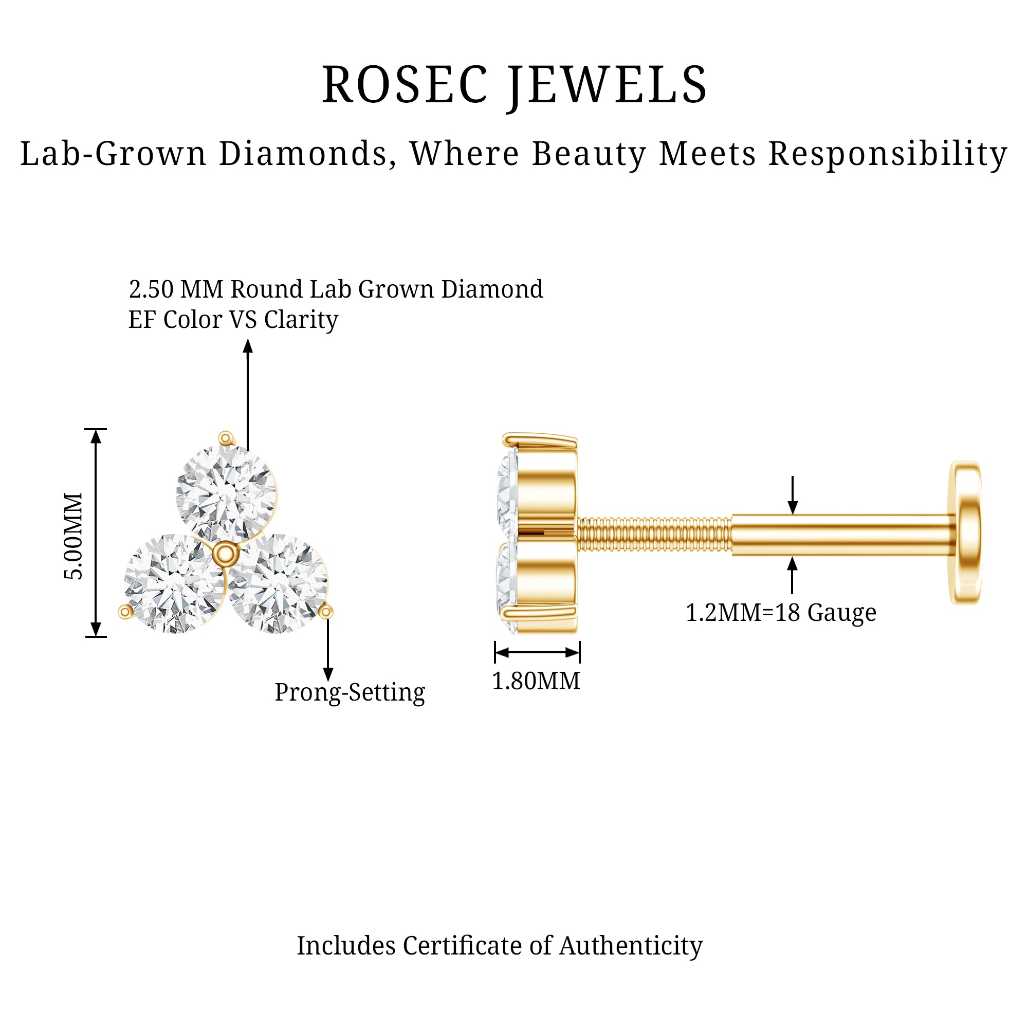 Dainty Diamond Trio Earring for Helix Piercing Lab - ( EF-VS ) - Rosec Jewels