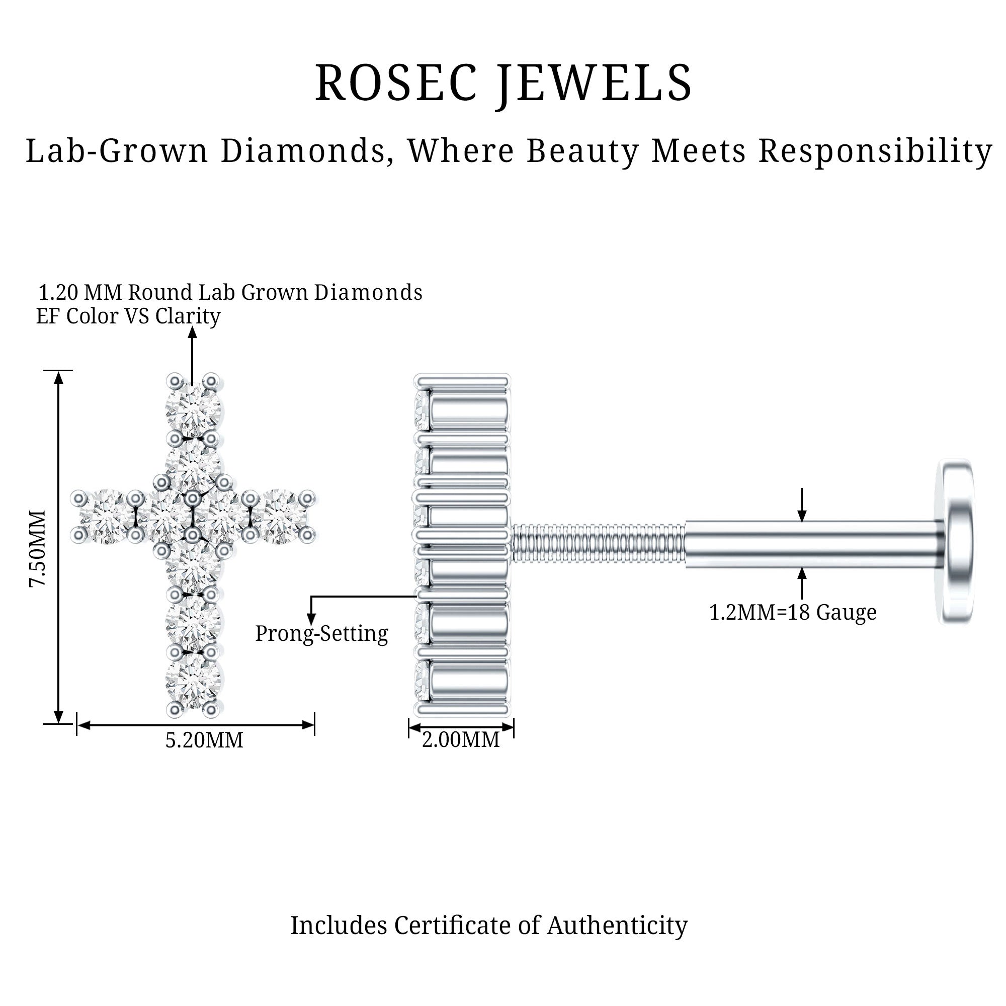 Minimalist Diamond Cross Cartilage Earring Lab - ( EF-VS ) - Rosec Jewels