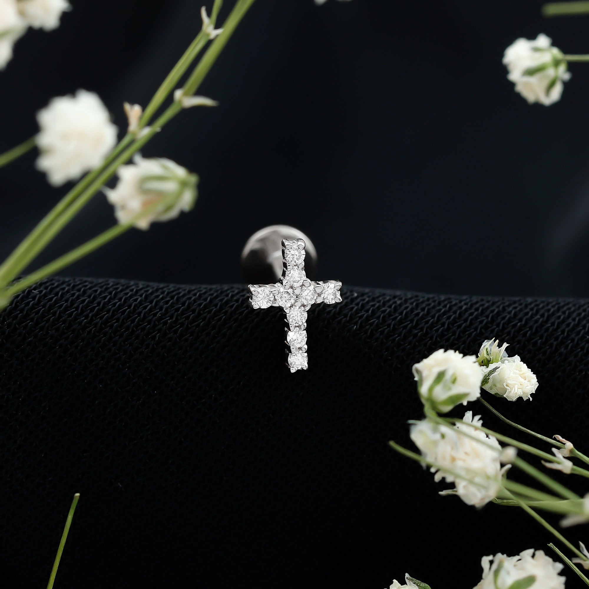 Minimalist Diamond Cross Cartilage Earring Lab - ( EF-VS ) - Rosec Jewels