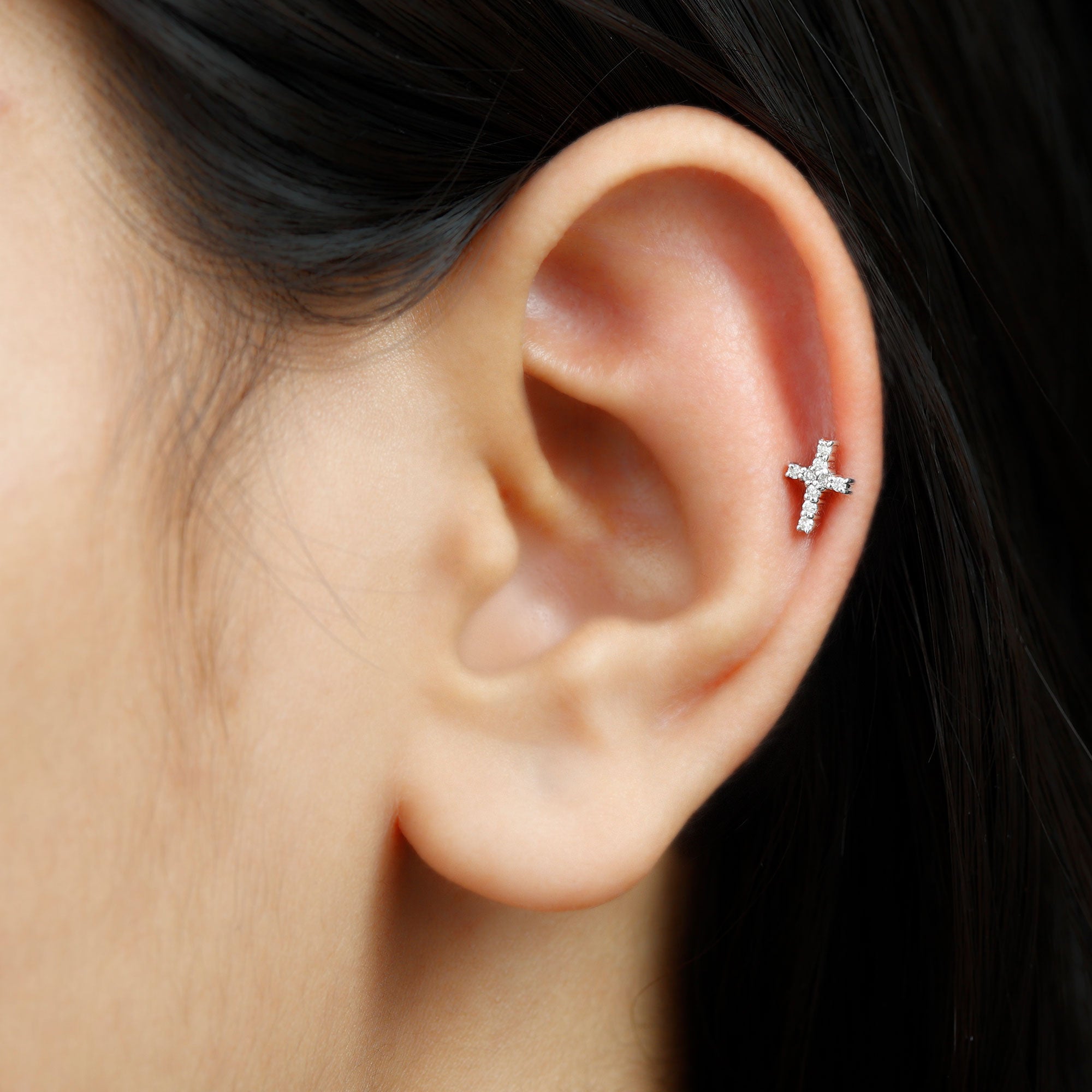 Minimalist Diamond Cross Cartilage Earring Lab - ( EF-VS ) - Rosec Jewels