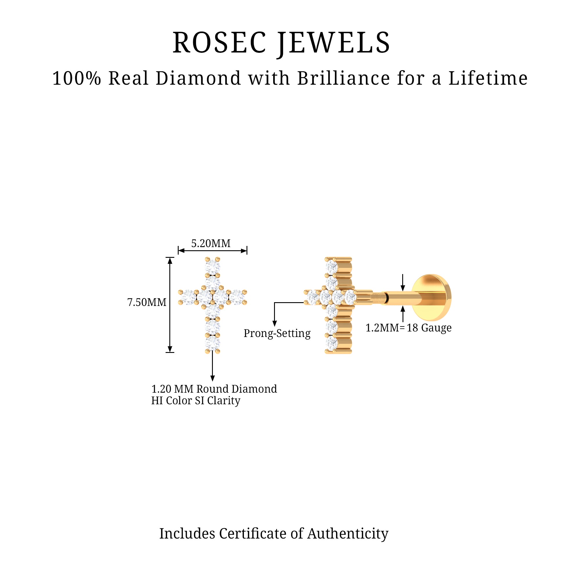 Minimalist Diamond Cross Cartilage Earring Lab - ( EF-VS ) - Rosec Jewels