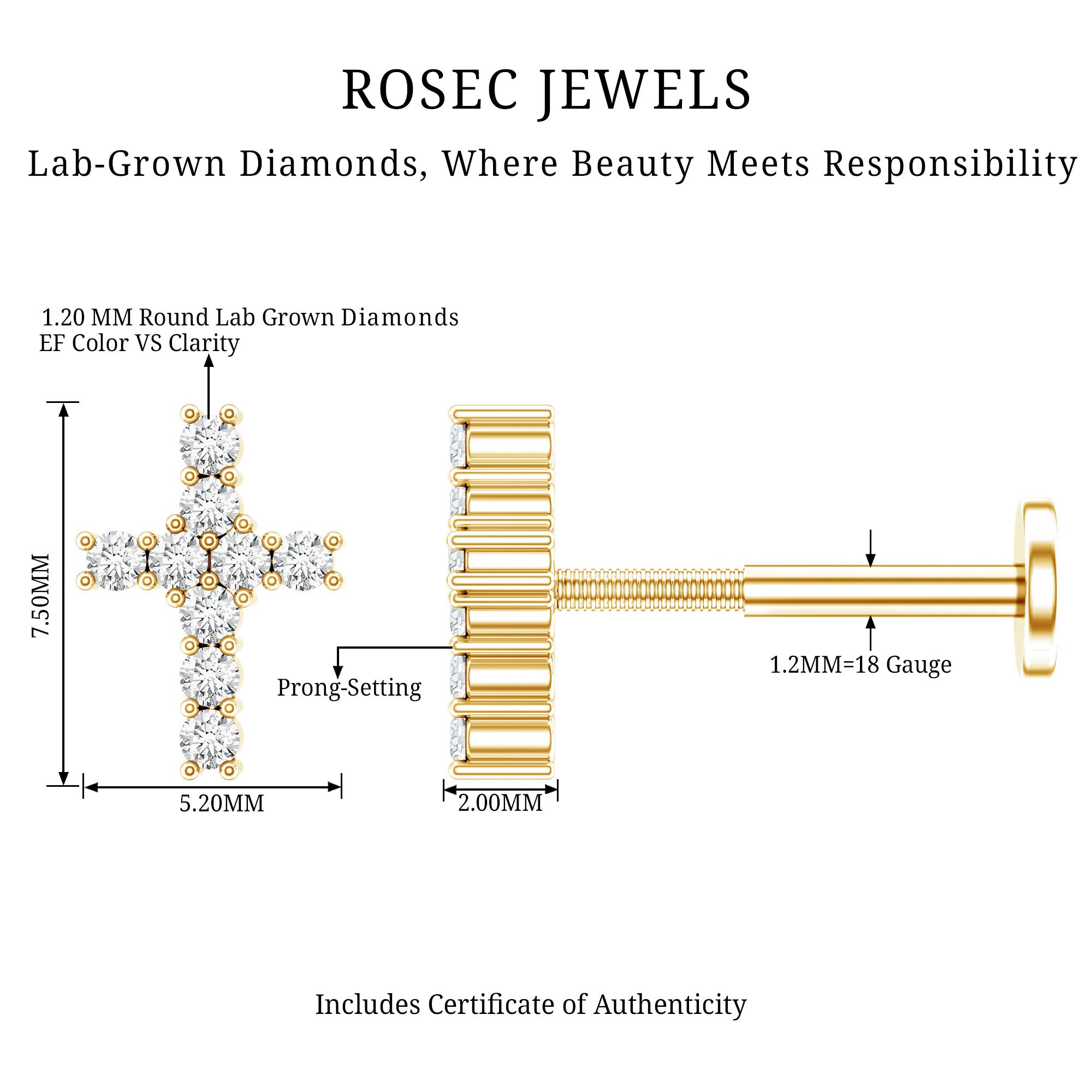 Minimalist Diamond Cross Cartilage Earring Lab - ( EF-VS ) - Rosec Jewels