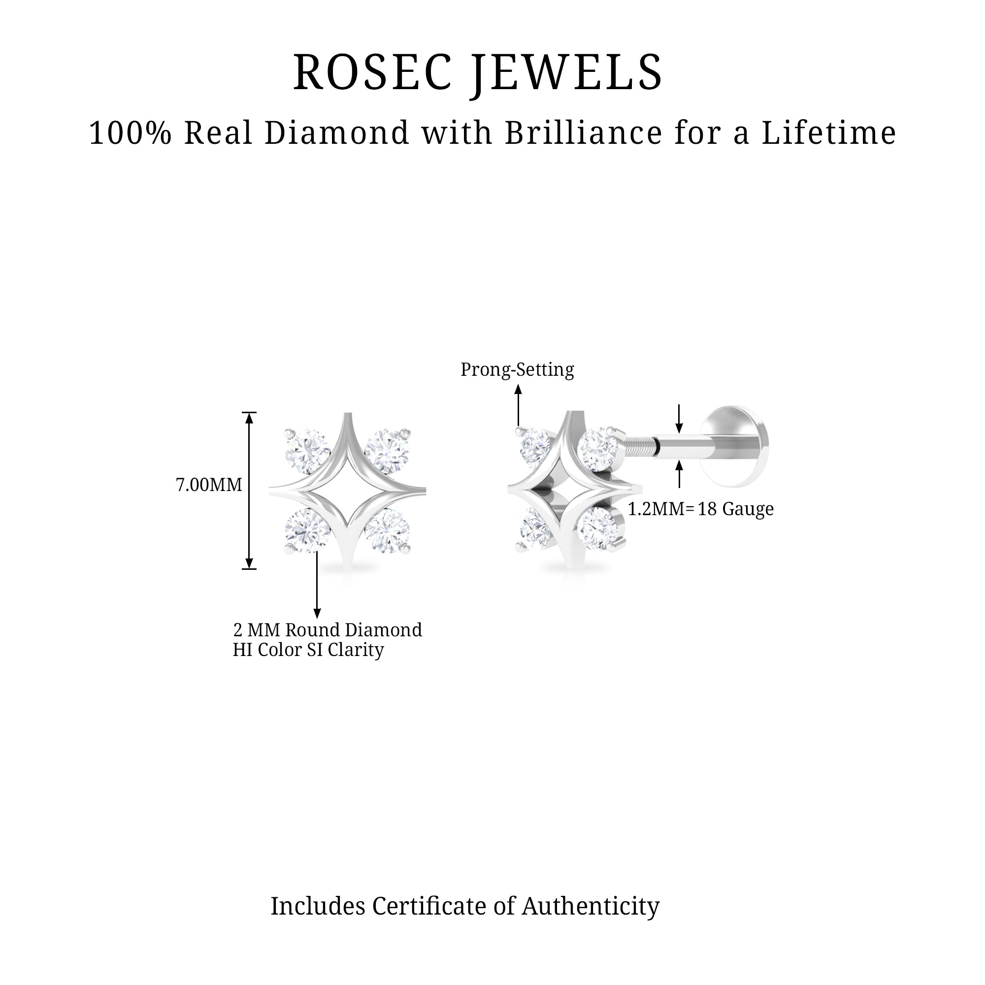 Round Cut Diamond Star Earring for Helix Piercing Lab - ( EF-VS ) - Rosec Jewels
