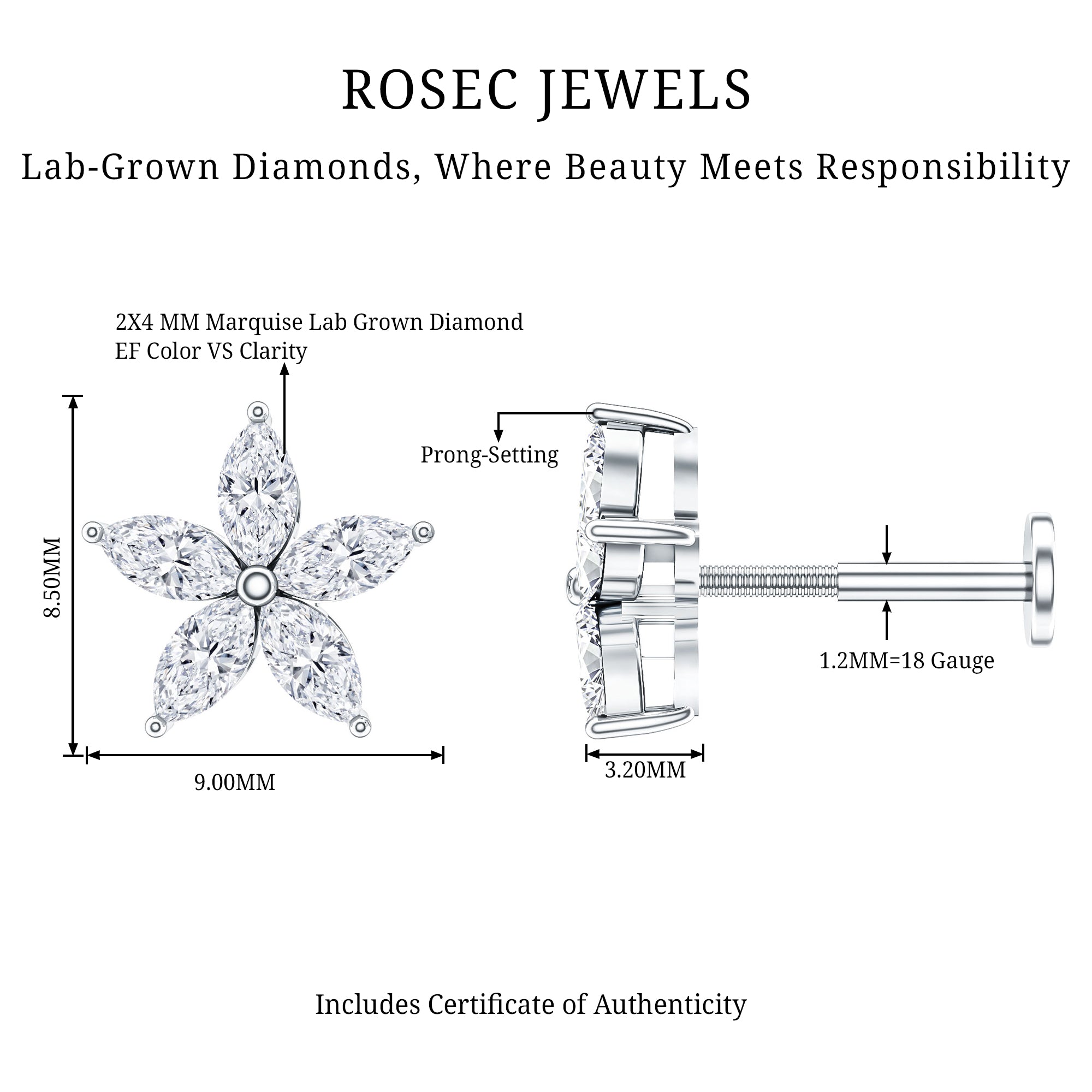 Marquise Diamond Floral Upper Lobe Earring Lab - ( EF-VS ) - Rosec Jewels