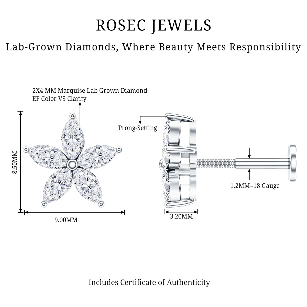 Marquise Diamond Floral Upper Lobe Earring Lab - ( EF-VS ) - Rosec Jewels