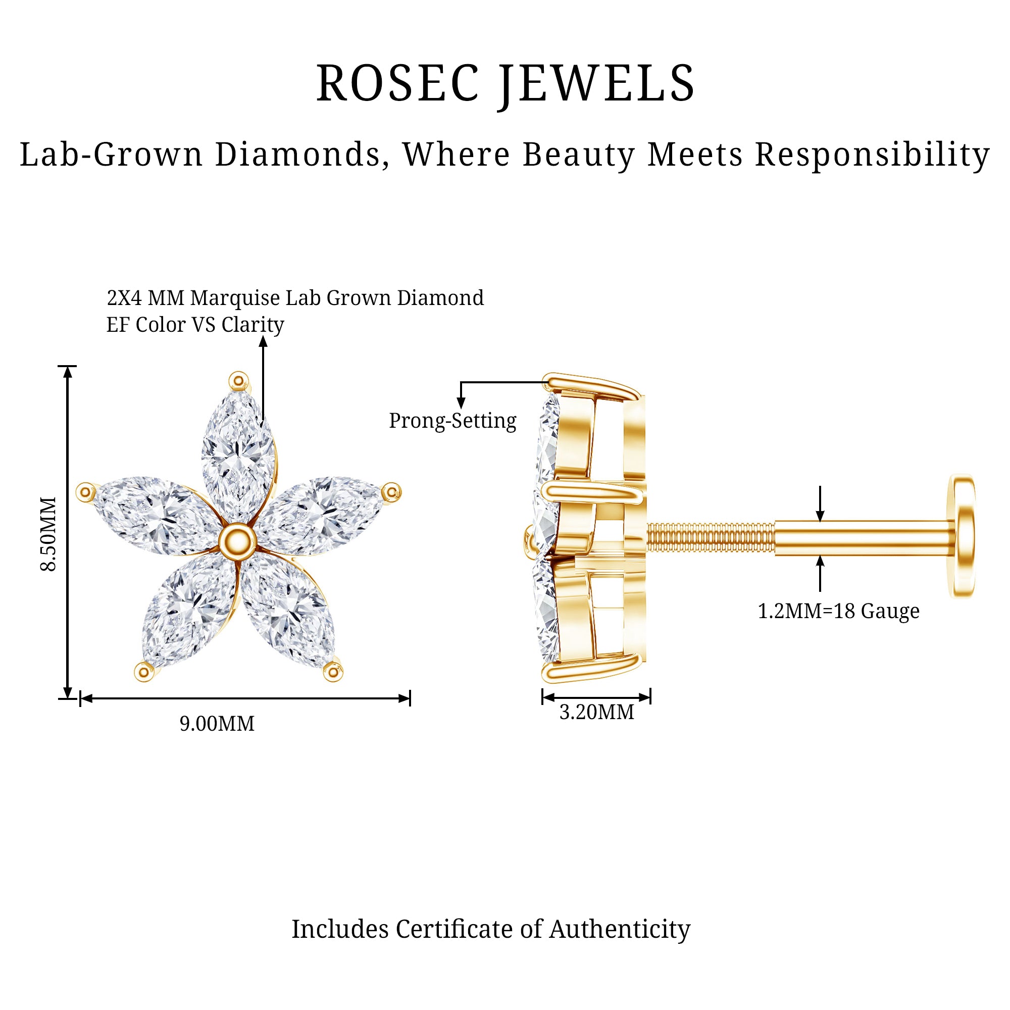 Marquise Diamond Floral Upper Lobe Earring Lab - ( EF-VS ) - Rosec Jewels