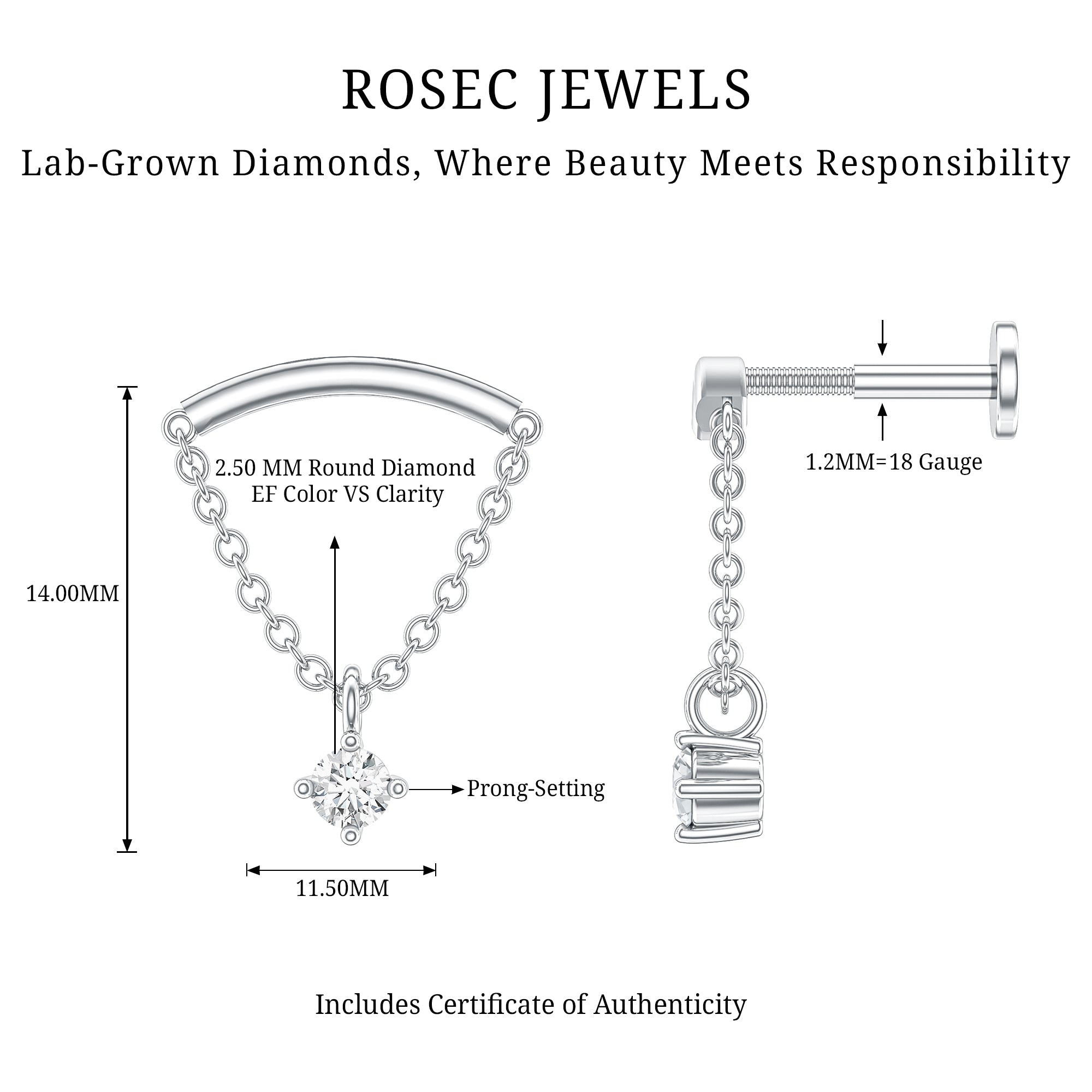 Single Diamond Hidden Helix Earring with Chain Lab - ( EF-VS ) - Rosec Jewels