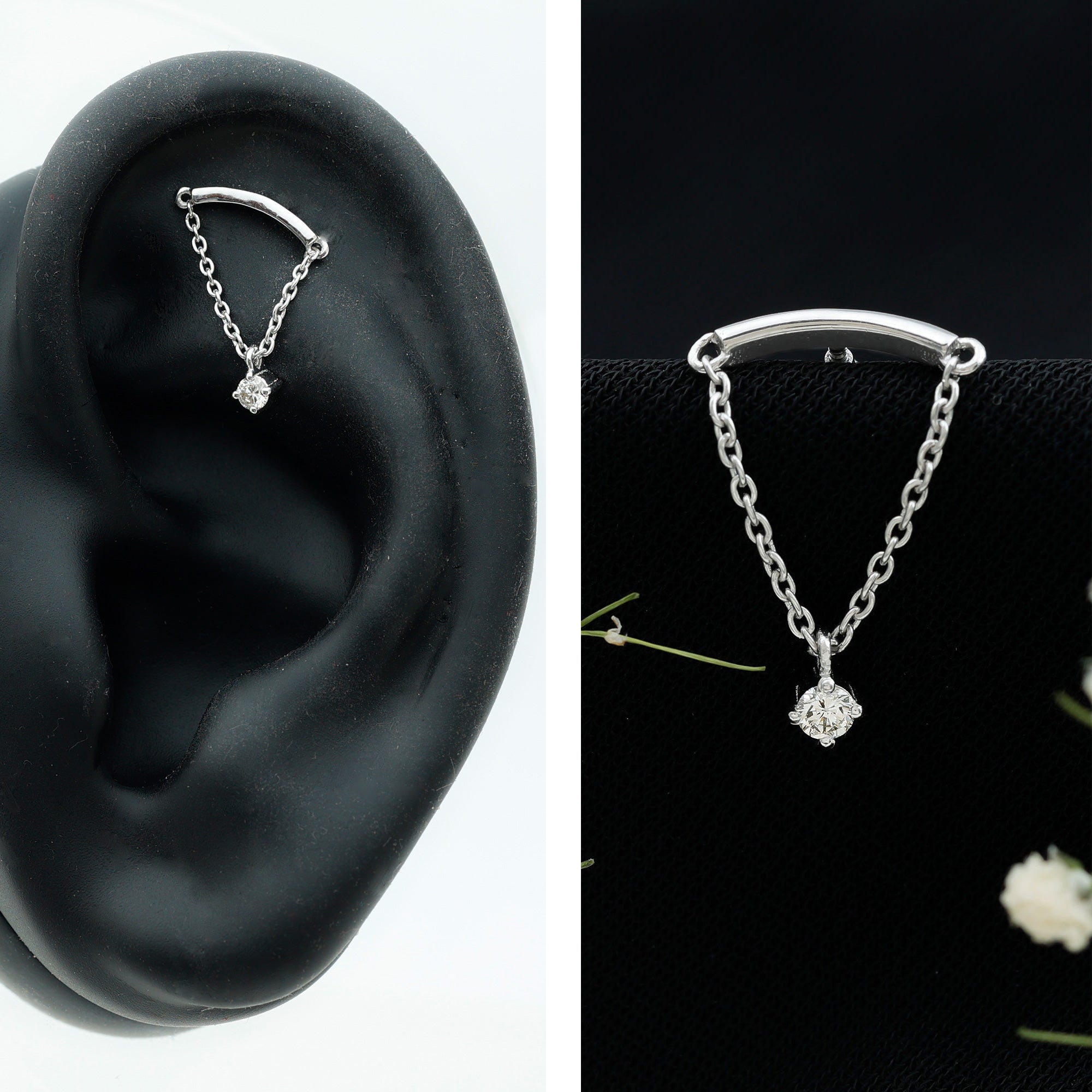 Single Diamond Hidden Helix Earring with Chain Lab - ( EF-VS ) - Rosec Jewels