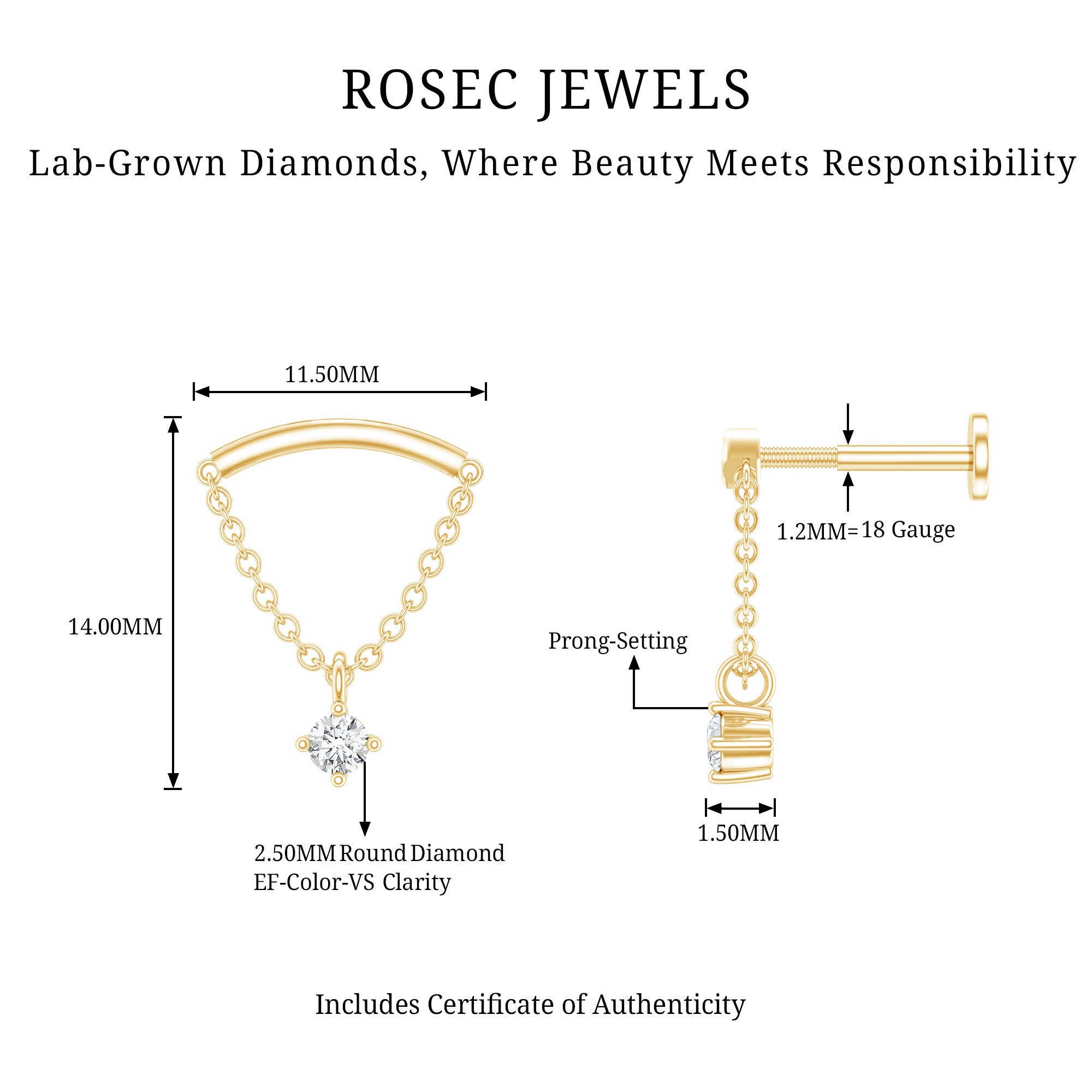 Single Diamond Hidden Helix Earring with Chain Lab - ( EF-VS ) - Rosec Jewels