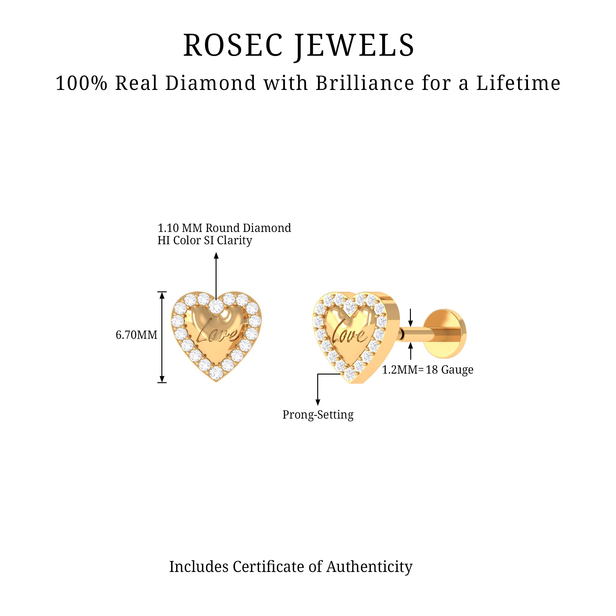 Cute Diamond Love Heart Earring for Helix Piercing Lab - ( EF-VS ) - Rosec Jewels