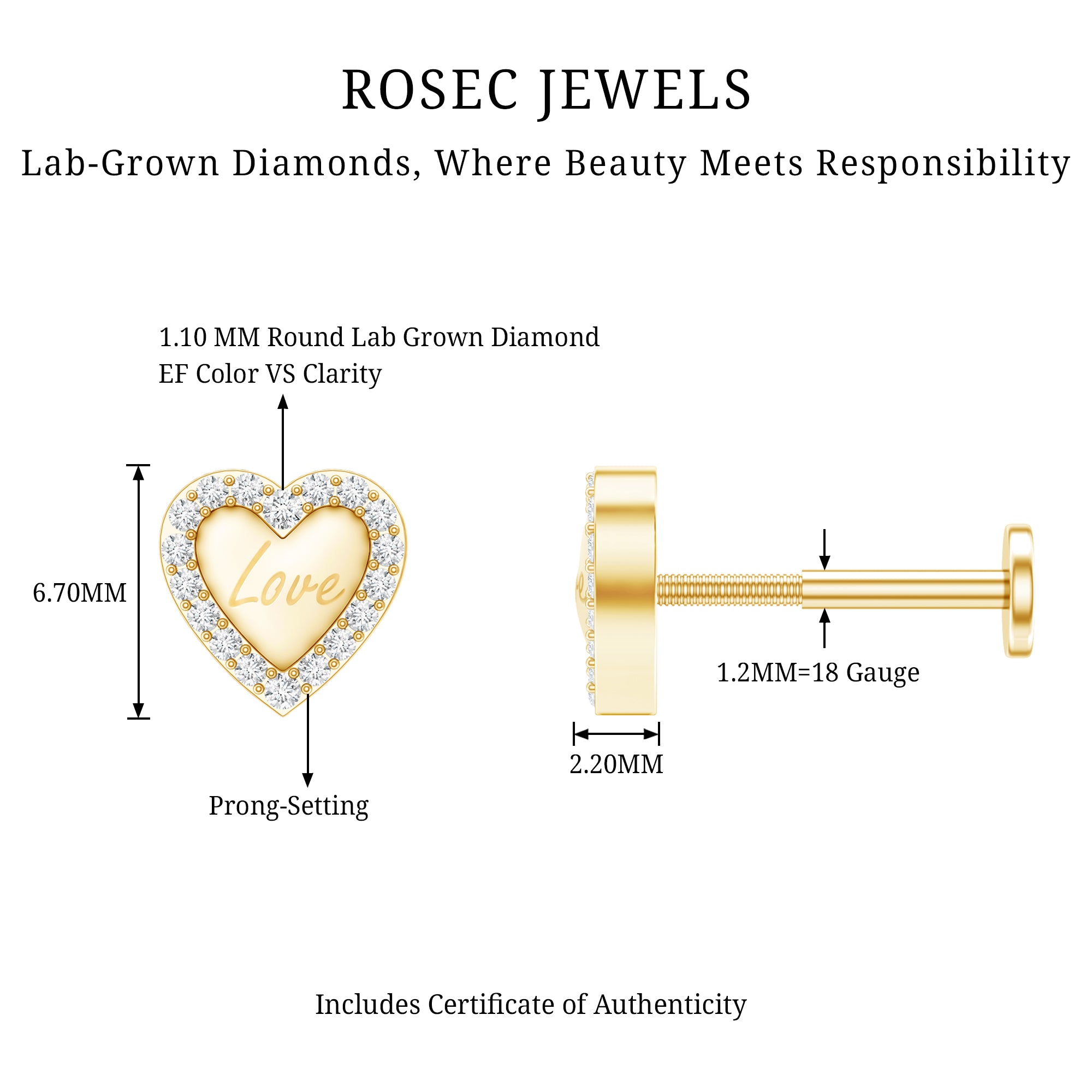 Cute Diamond Love Heart Earring for Helix Piercing Lab - ( EF-VS ) - Rosec Jewels