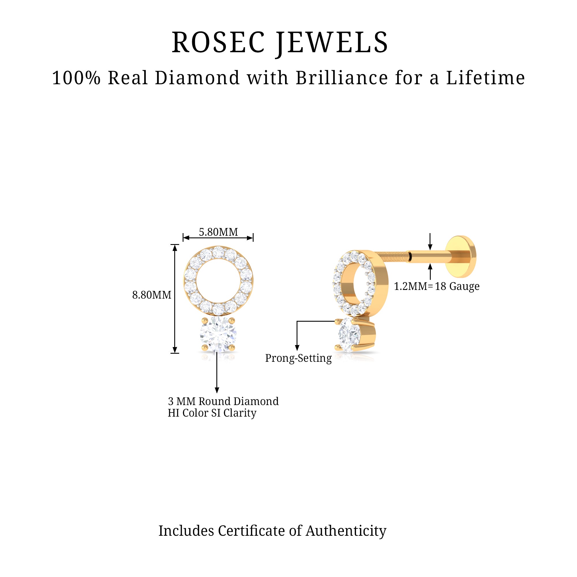 Minimalist Diamond Open Circle Helix Earring Lab - ( EF-VS ) - Rosec Jewels