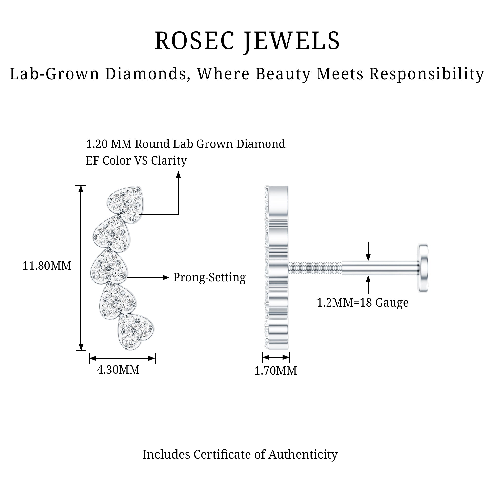 Diamond Heart Crawler Earring for Helix Piercing Lab - ( EF-VS ) - Rosec Jewels