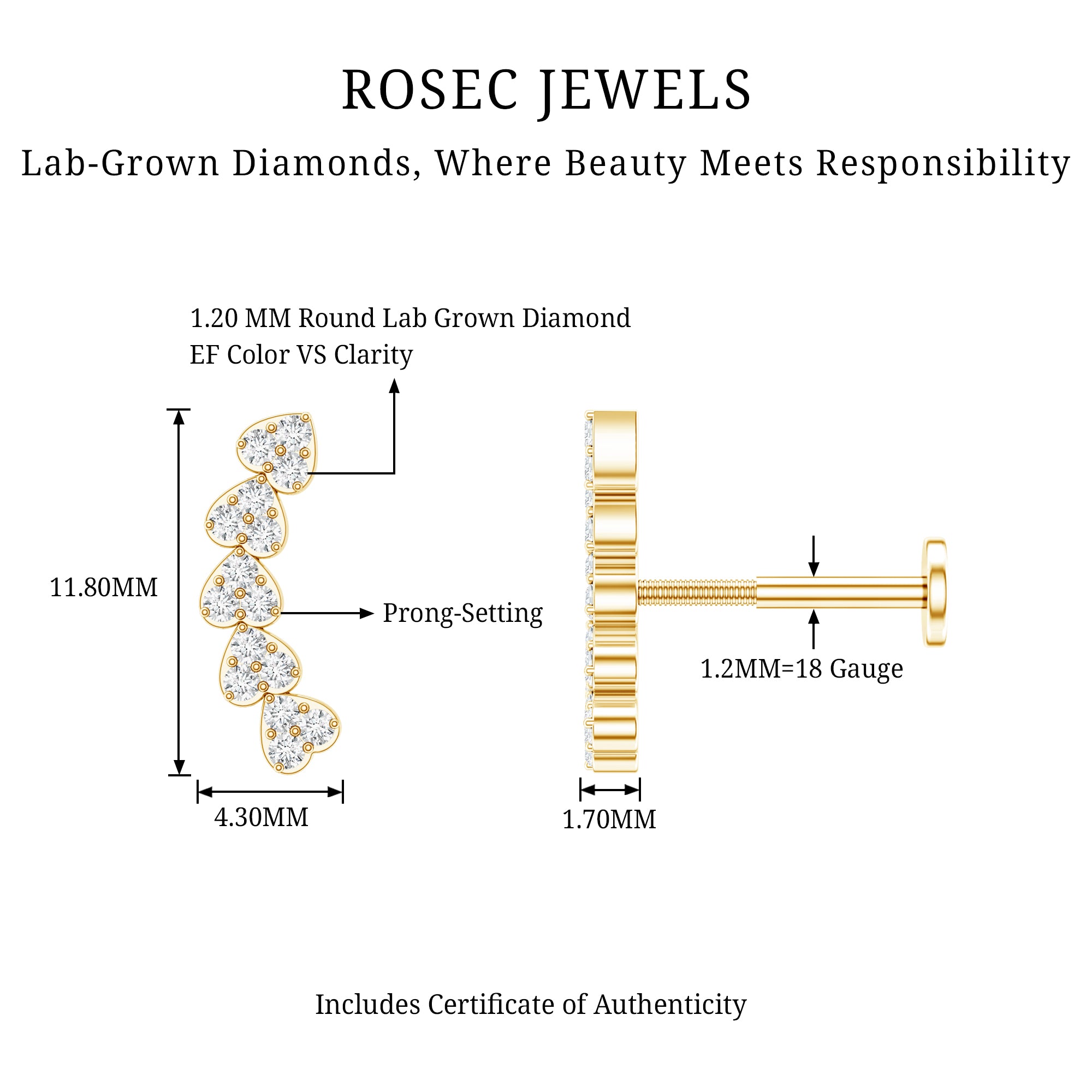 Diamond Heart Crawler Earring for Helix Piercing Lab - ( EF-VS ) - Rosec Jewels