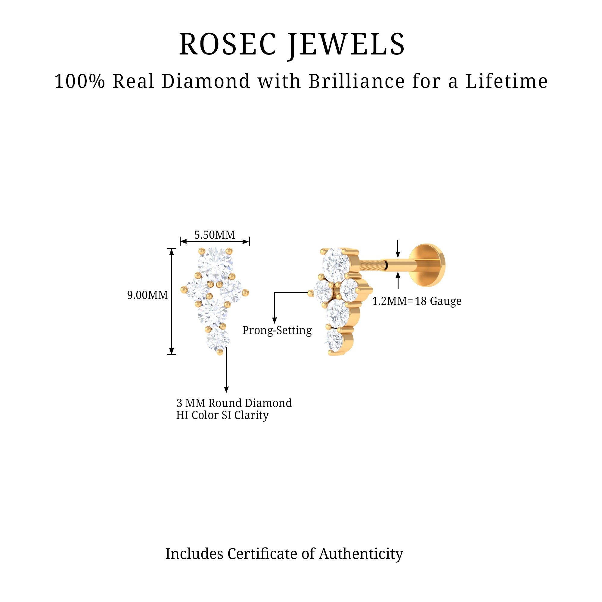 Certified Diamond Cluster Cartilage Piercing Earring Lab - ( EF-VS ) - Rosec Jewels