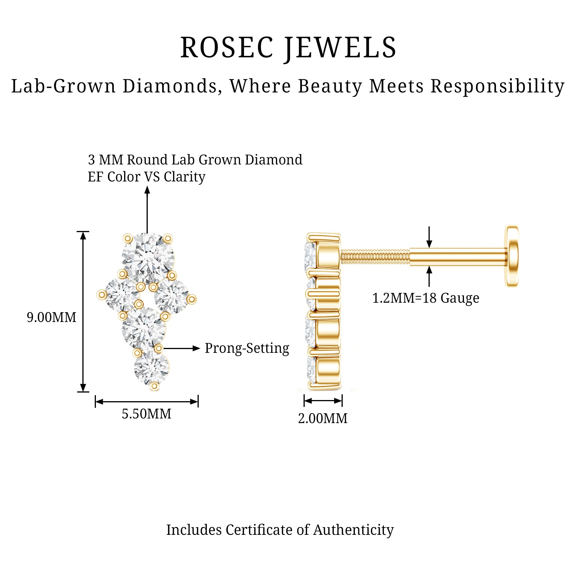 Certified Diamond Cluster Cartilage Piercing Earring Lab - ( EF-VS ) - Rosec Jewels