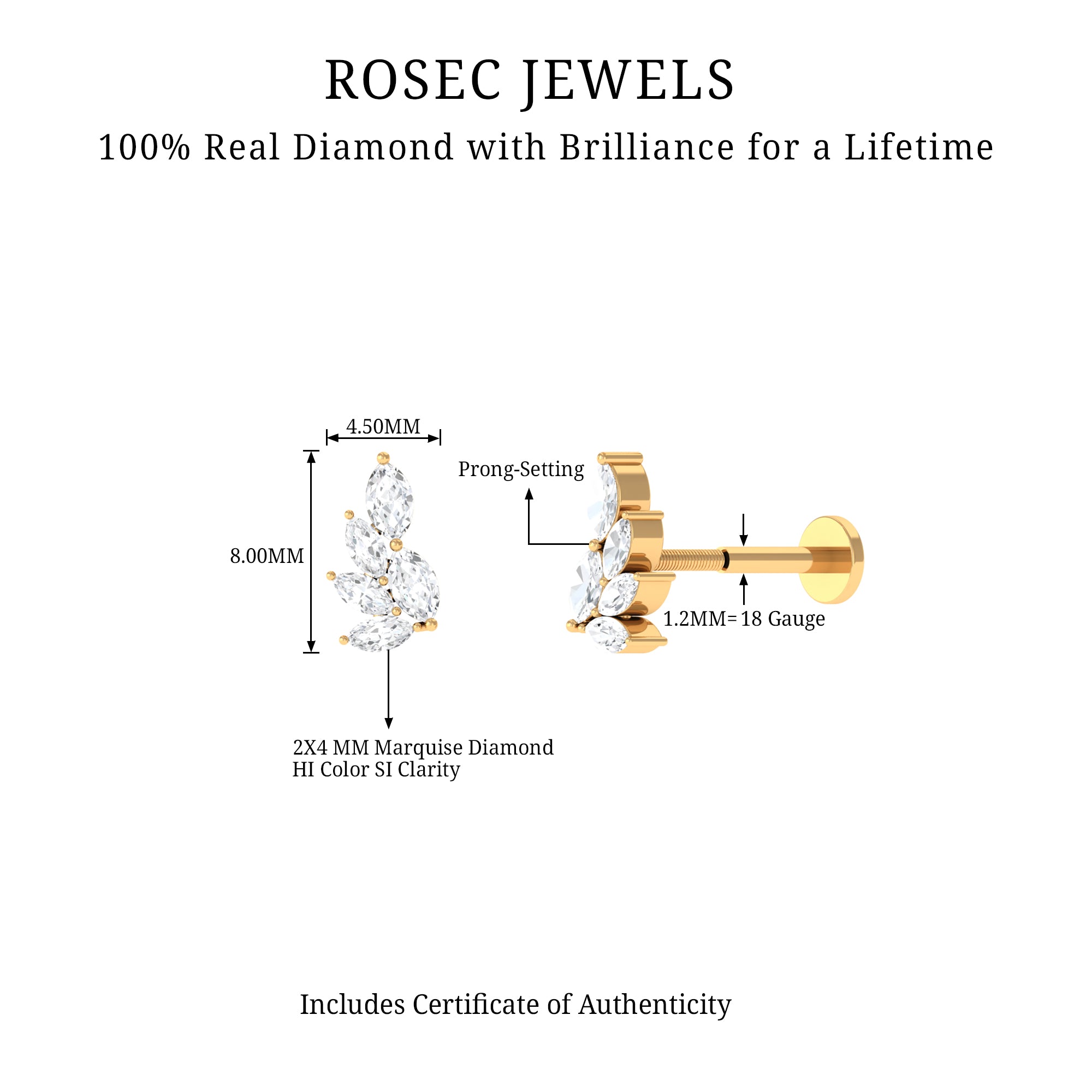 Nature Inspired Marquise Diamond Cluster Earring for Helix Lab - ( EF-VS ) - Rosec Jewels