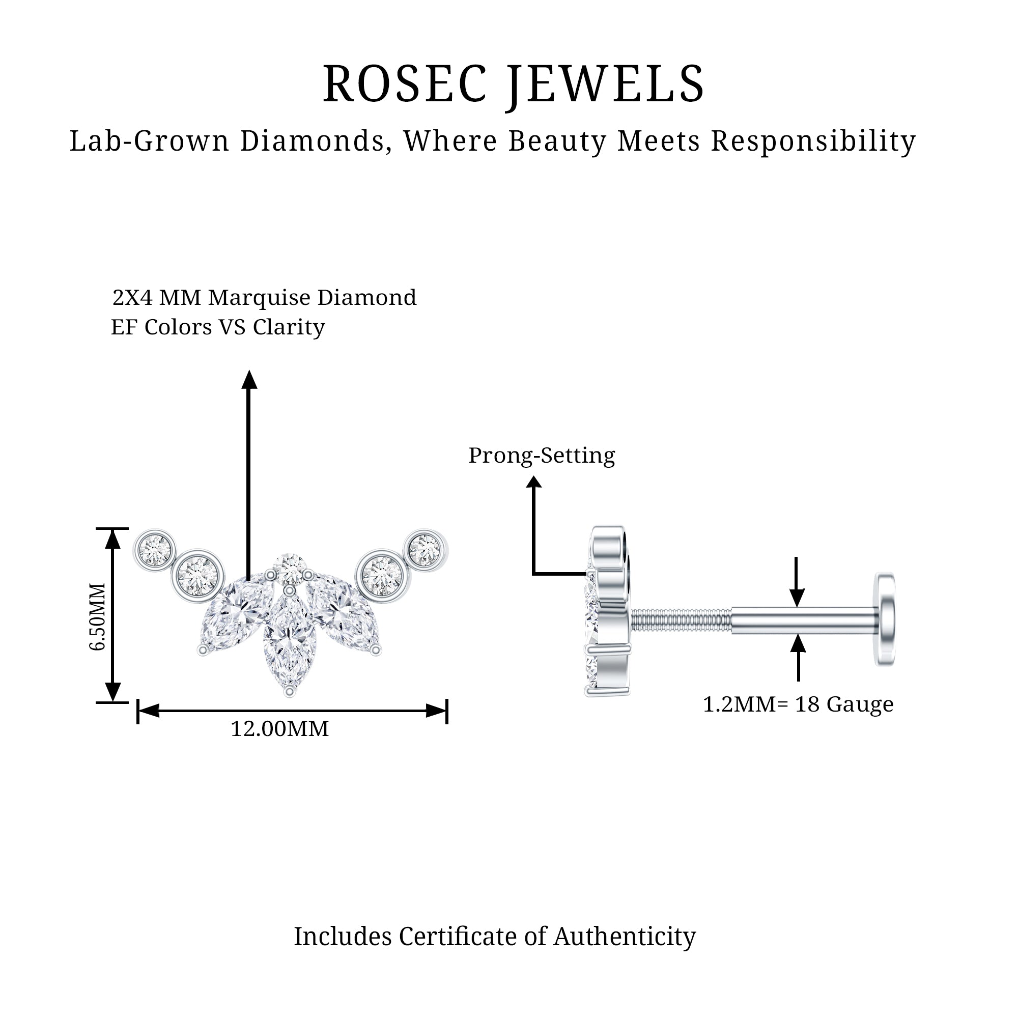 Marquise Diamond Crawler Earring for Cartilage Piercing Lab - ( EF-VS ) - Rosec Jewels