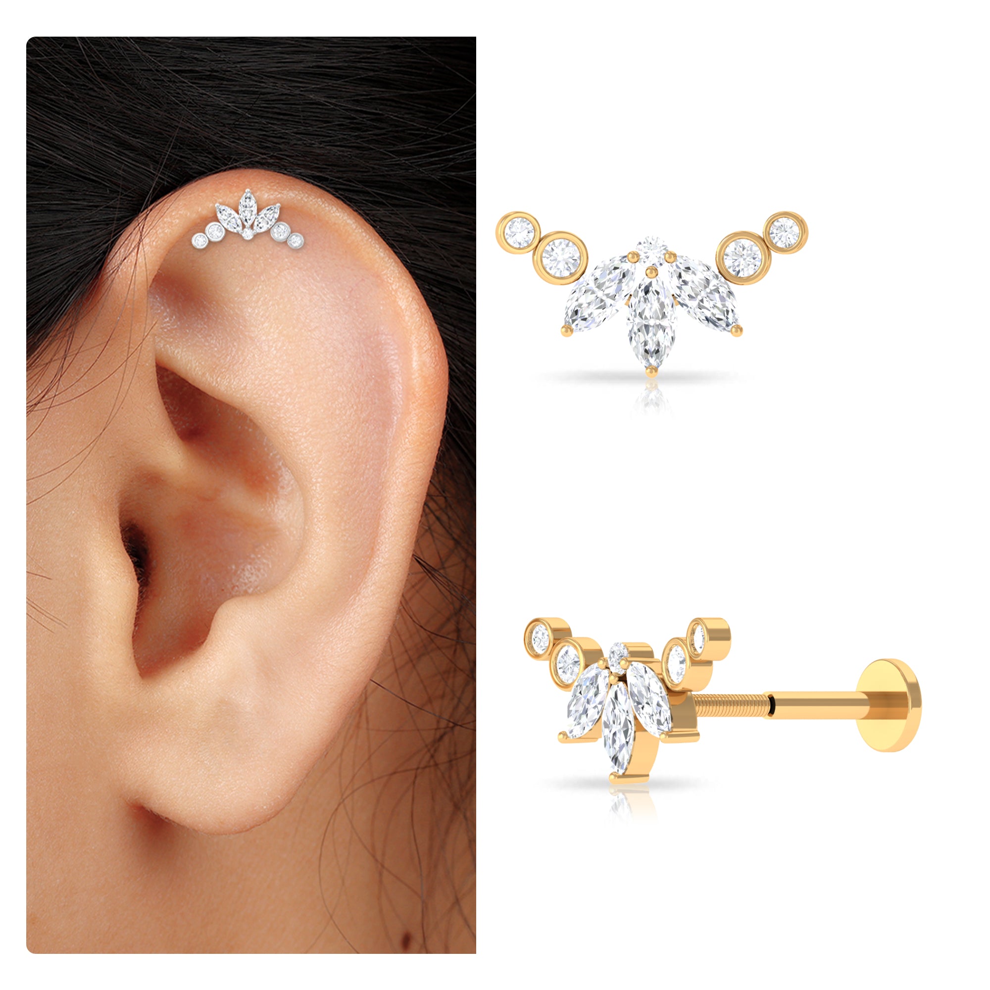 Marquise Diamond Crawler Earring for Cartilage Piercing Lab - ( EF-VS ) - Rosec Jewels