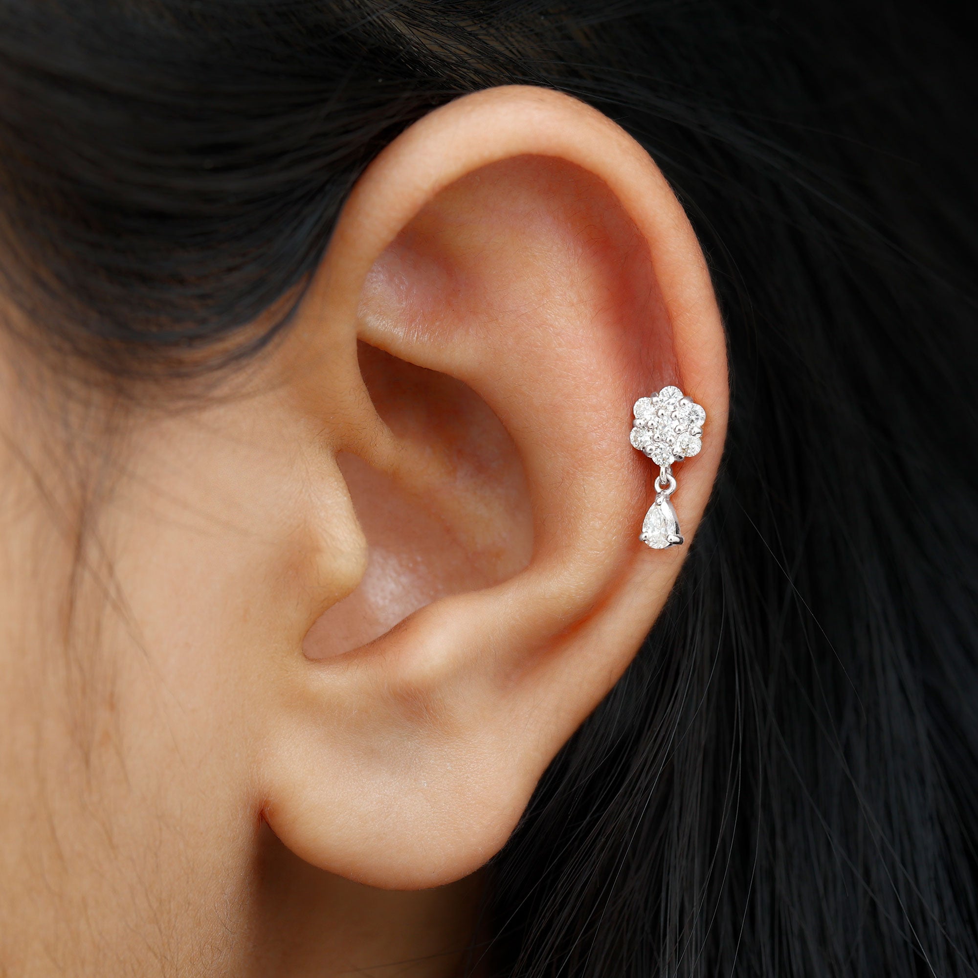 Elegant Diamond Flower Cartilage Drop Earring Lab - ( EF-VS ) - Rosec Jewels