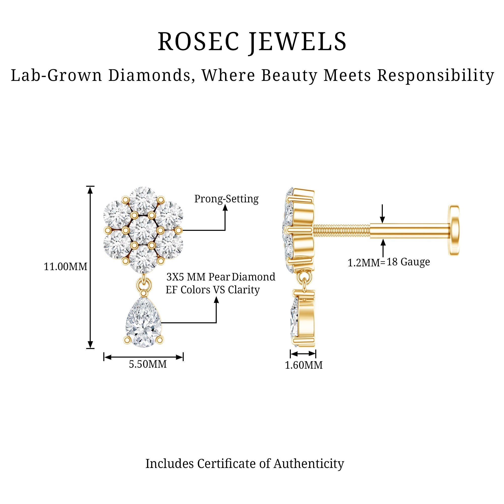Elegant Diamond Flower Cartilage Drop Earring Lab - ( EF-VS ) - Rosec Jewels
