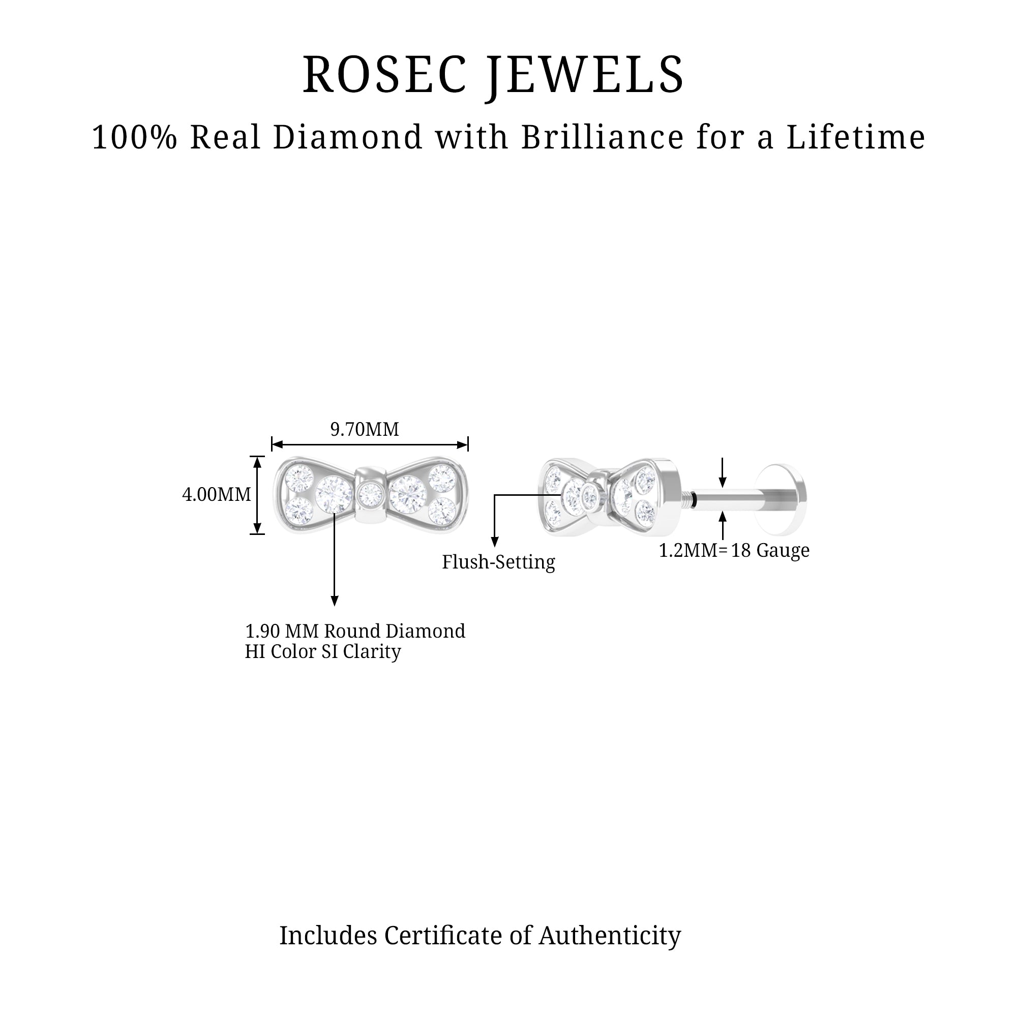 Diamonds Bow Cartilage Piercing Earring Lab - ( EF-VS ) - Rosec Jewels