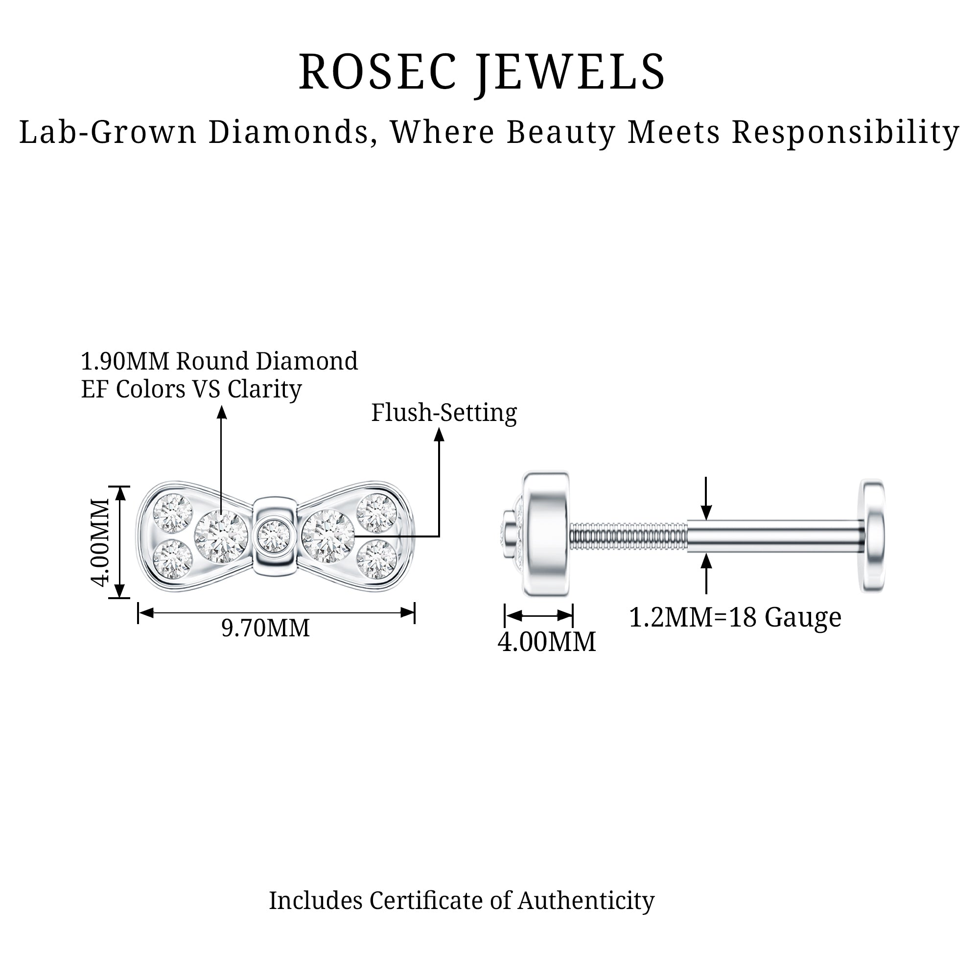 Diamonds Bow Cartilage Piercing Earring Lab - ( EF-VS ) - Rosec Jewels