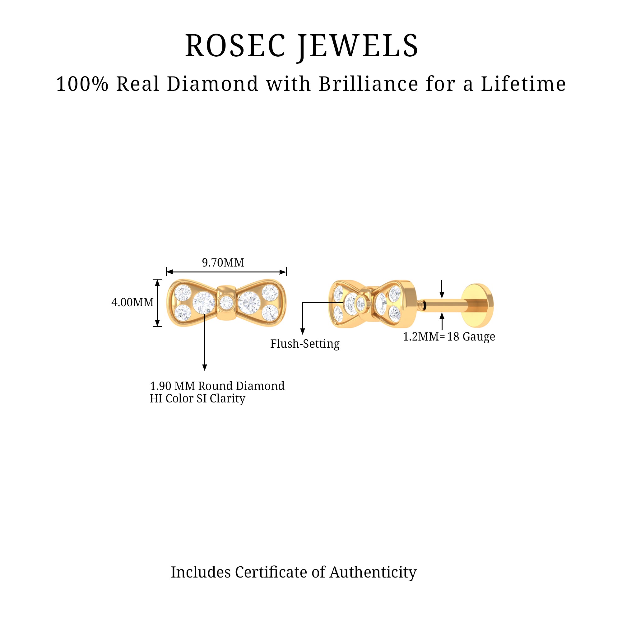 Diamonds Bow Cartilage Piercing Earring Lab - ( EF-VS ) - Rosec Jewels