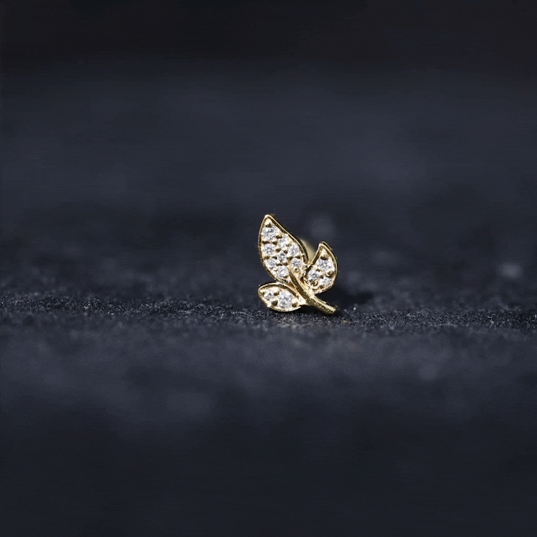 Diamond Leaf Flat Back Cartilage Stud Earring (18G) – Nature Inspired Helix & Tragus Jewelry in Gold Lab - ( EF-VS ) - Rosec Jewels
