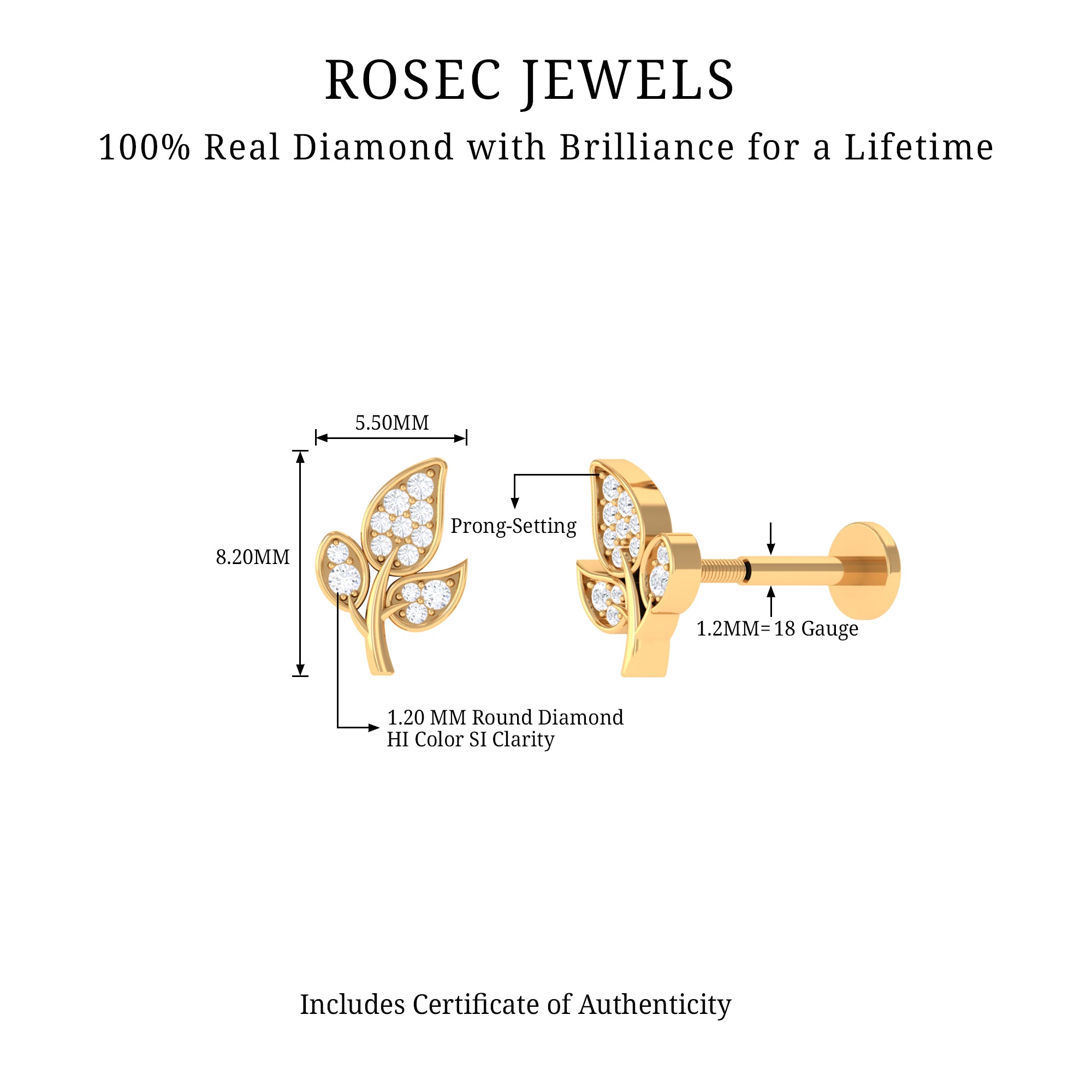 Diamond Leaf Flat Back Cartilage Stud Earring (18G) – Nature Inspired Helix & Tragus Jewelry in Gold Lab - ( EF-VS ) - Rosec Jewels