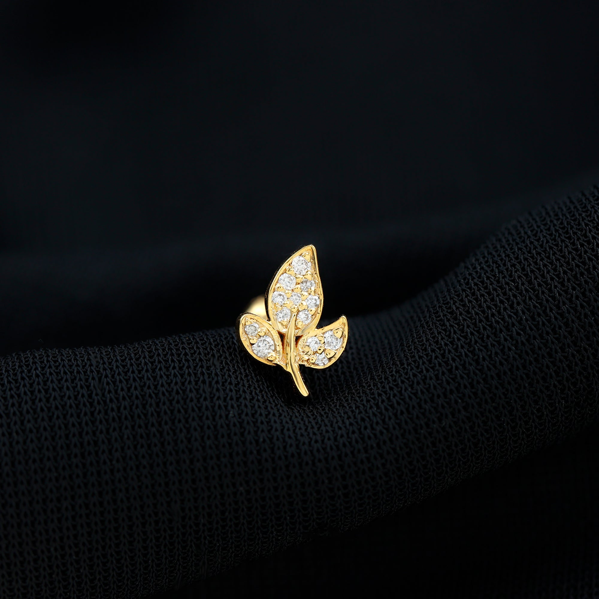 Diamond Leaf Flat Back Cartilage Stud Earring (18G) – Nature Inspired Helix & Tragus Jewelry in Gold Lab - ( EF-VS ) - Rosec Jewels