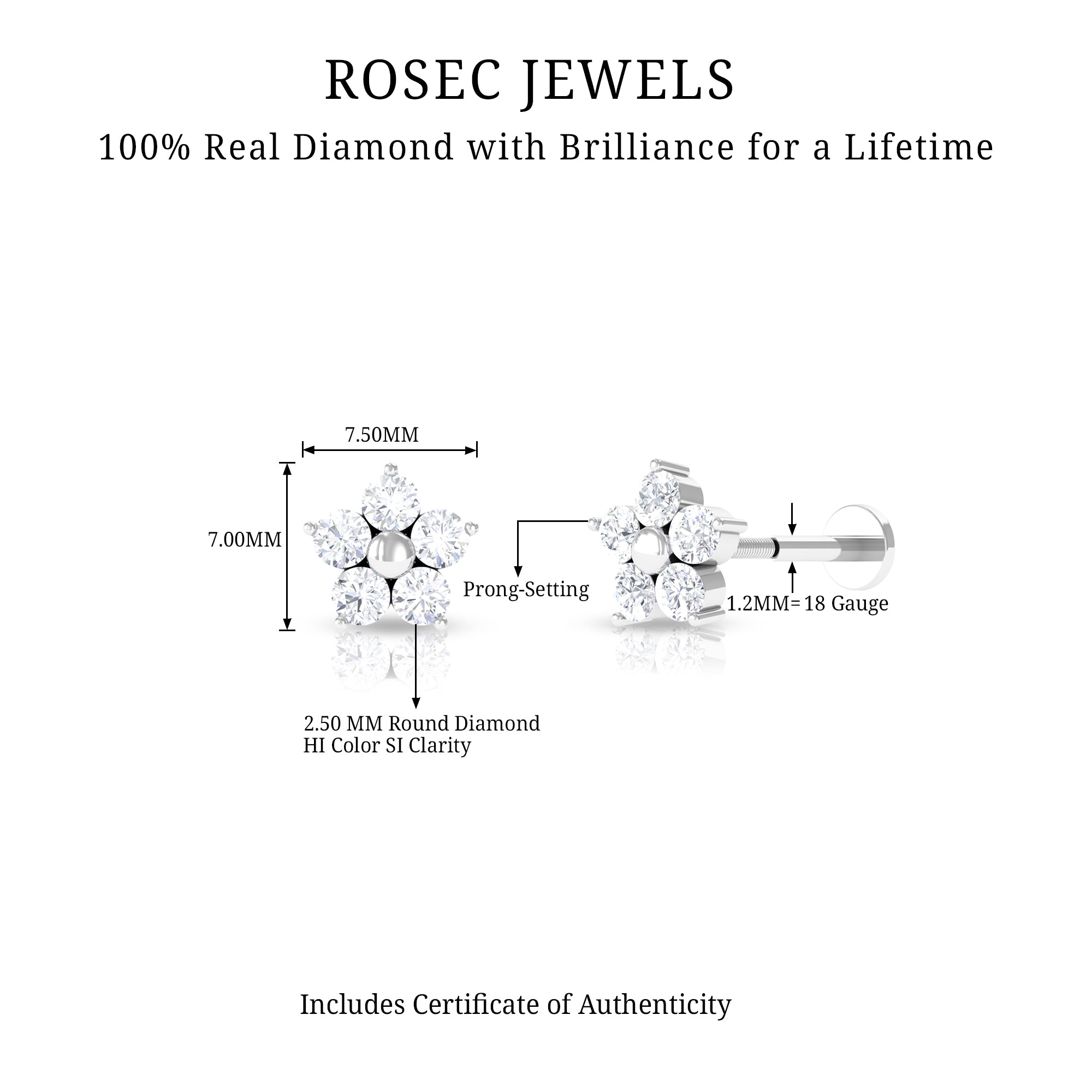 Nature Inspired Diamond Flower Earring for Tragus Piercing Lab - ( EF-VS ) - Rosec Jewels