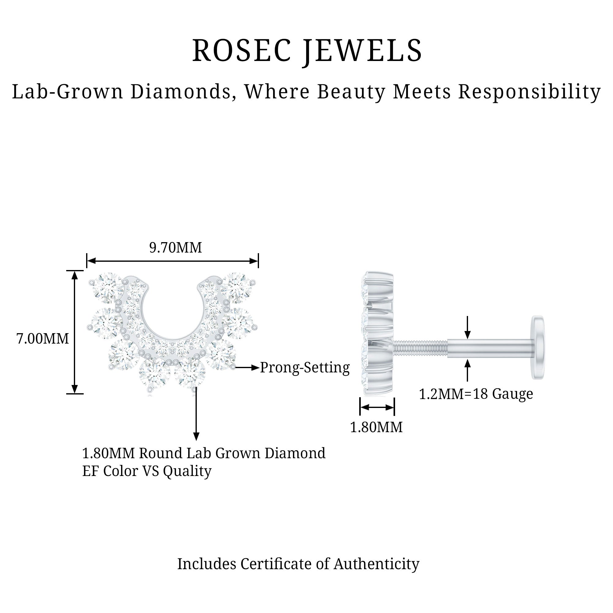 Real Diamond Horseshoe Earring for Helix Piercing Lab - ( EF-VS ) - Rosec Jewels
