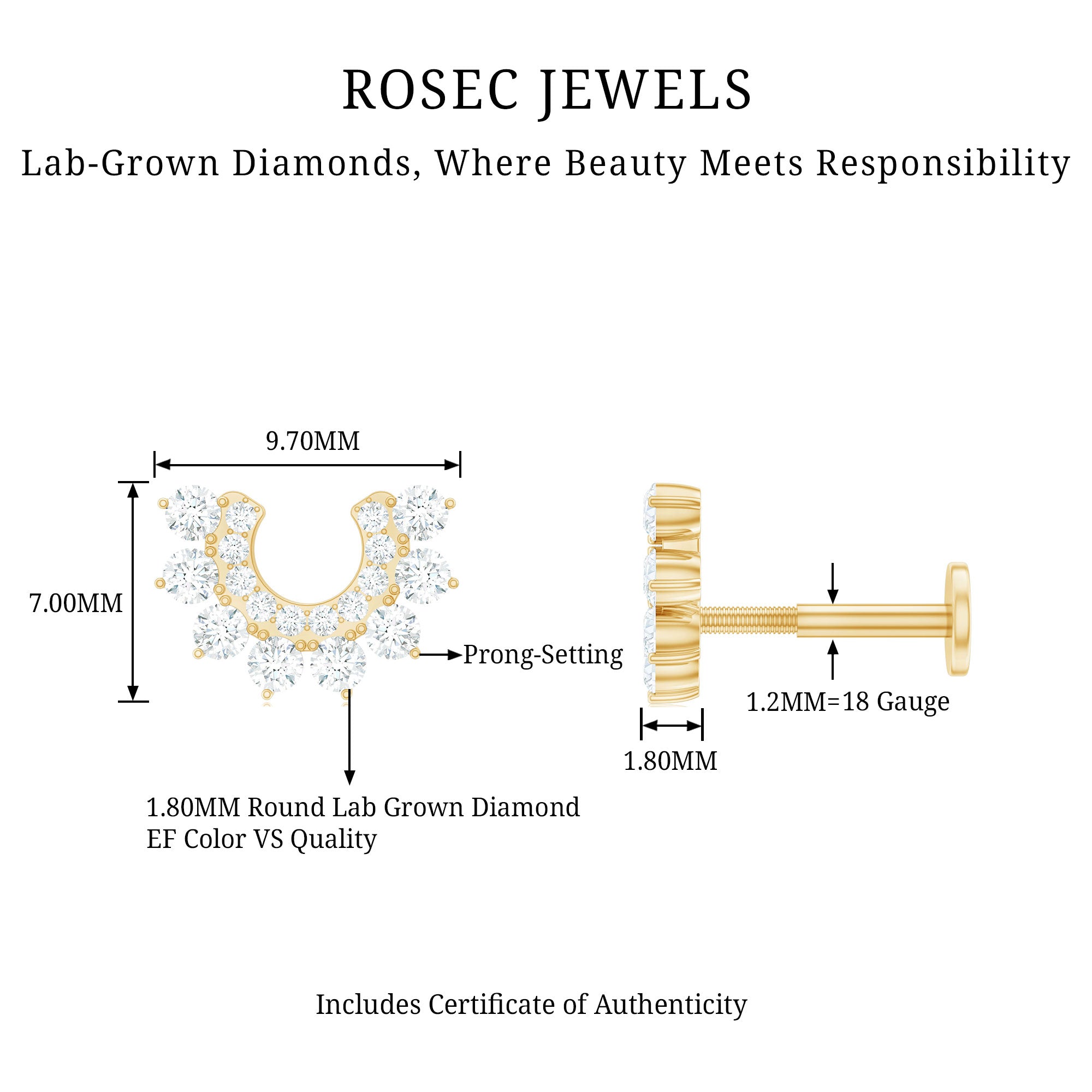 Real Diamond Horseshoe Earring for Helix Piercing Lab - ( EF-VS ) - Rosec Jewels
