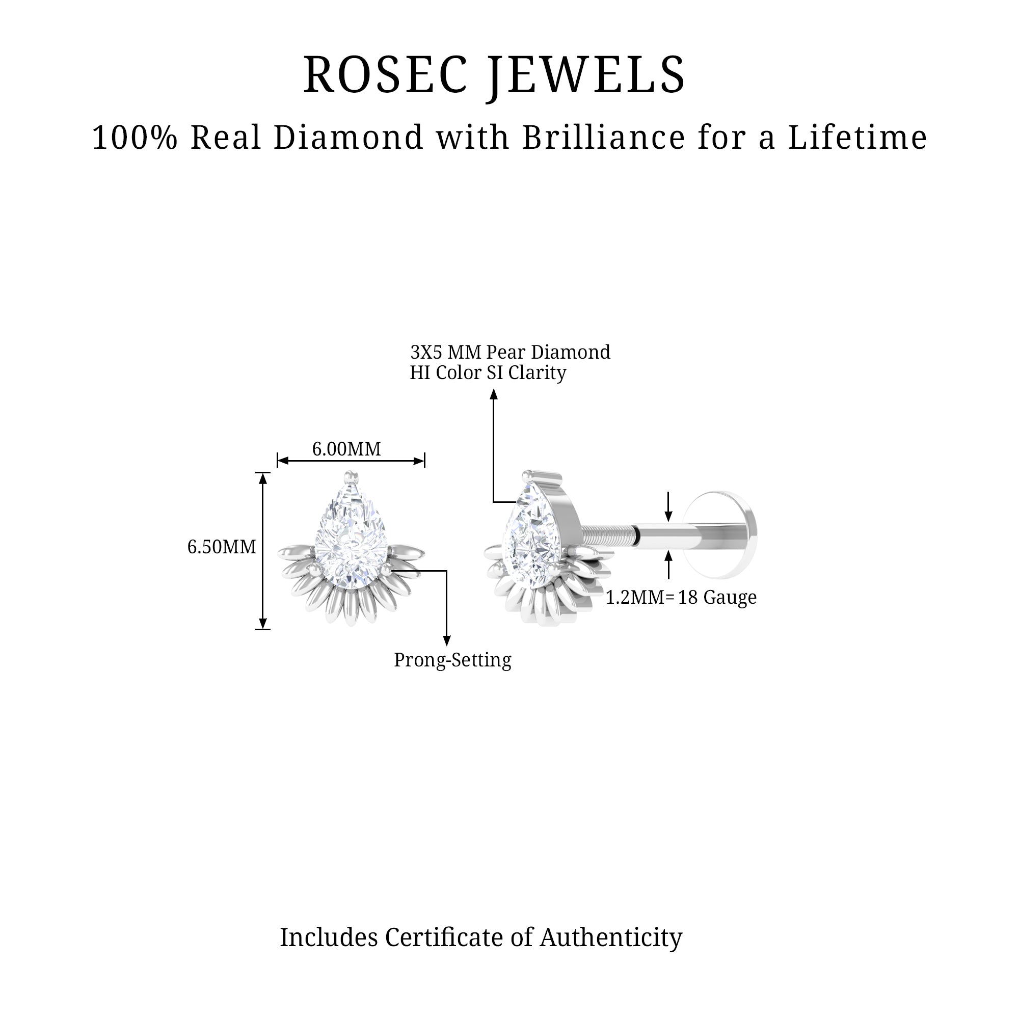 Pear Shape Diamond Solitaire Helix Earring Lab - ( EF-VS ) - Rosec Jewels