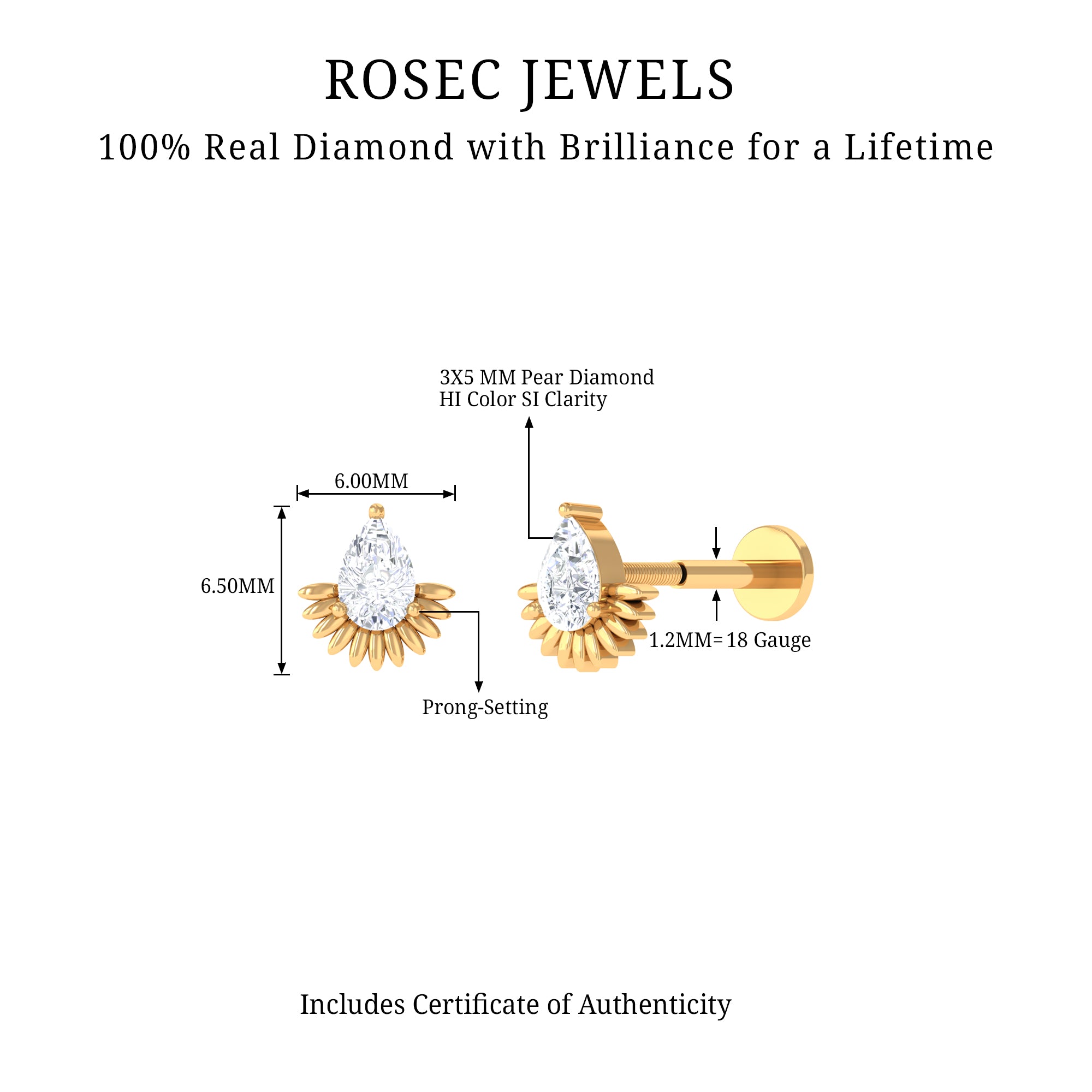 Pear Shape Diamond Solitaire Helix Earring Lab - ( EF-VS ) - Rosec Jewels