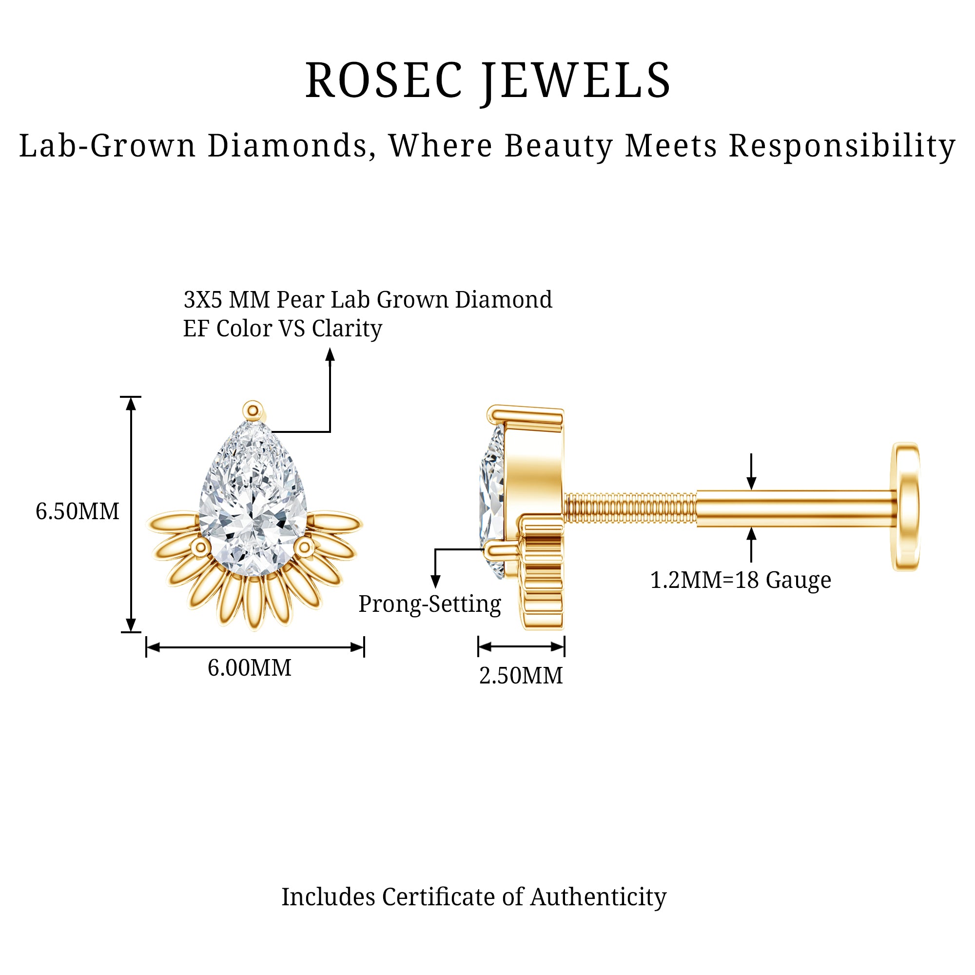 Pear Shape Diamond Solitaire Helix Earring Lab - ( EF-VS ) - Rosec Jewels