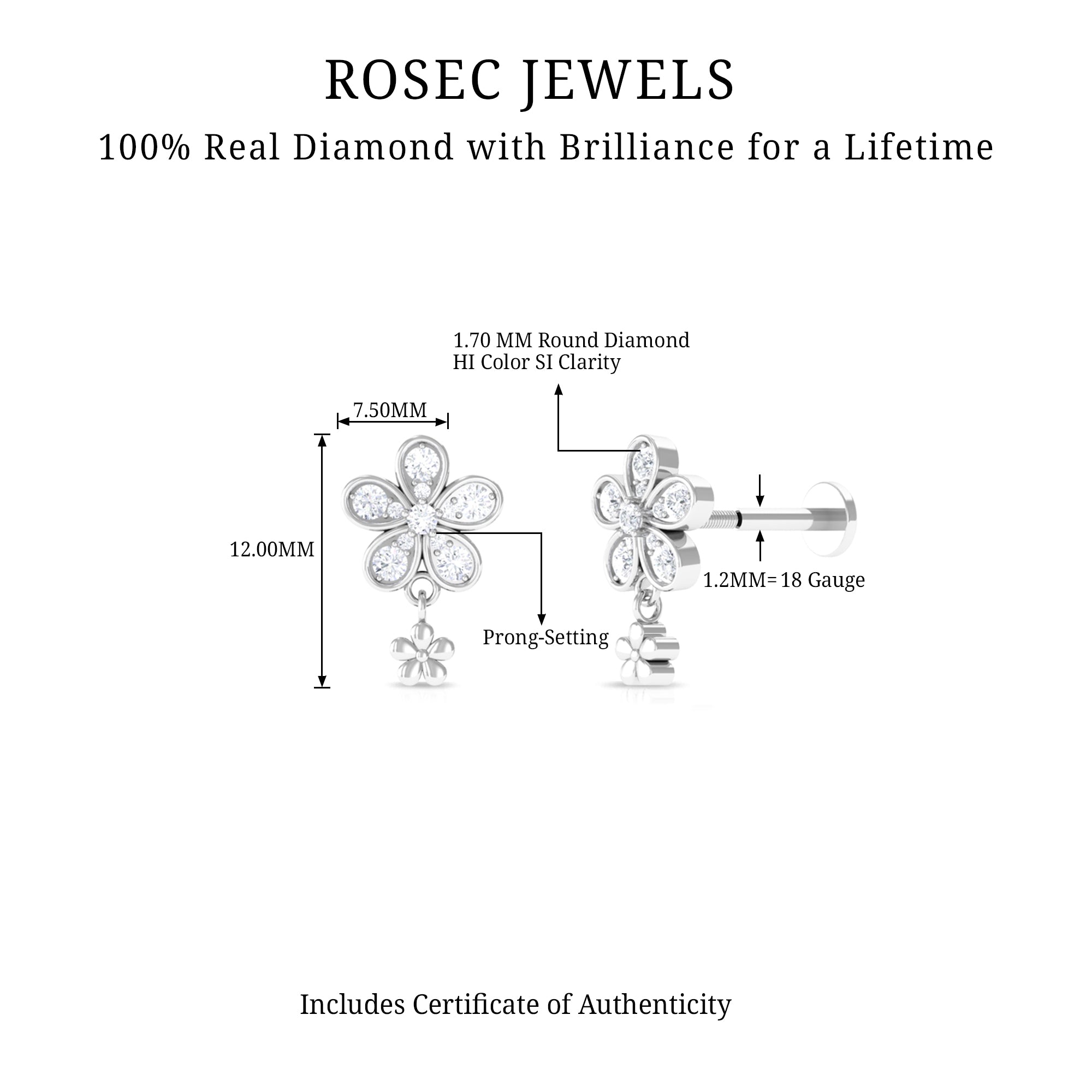 Certified Diamond Flower Helix Drop Earring Lab - ( EF-VS ) - Rosec Jewels