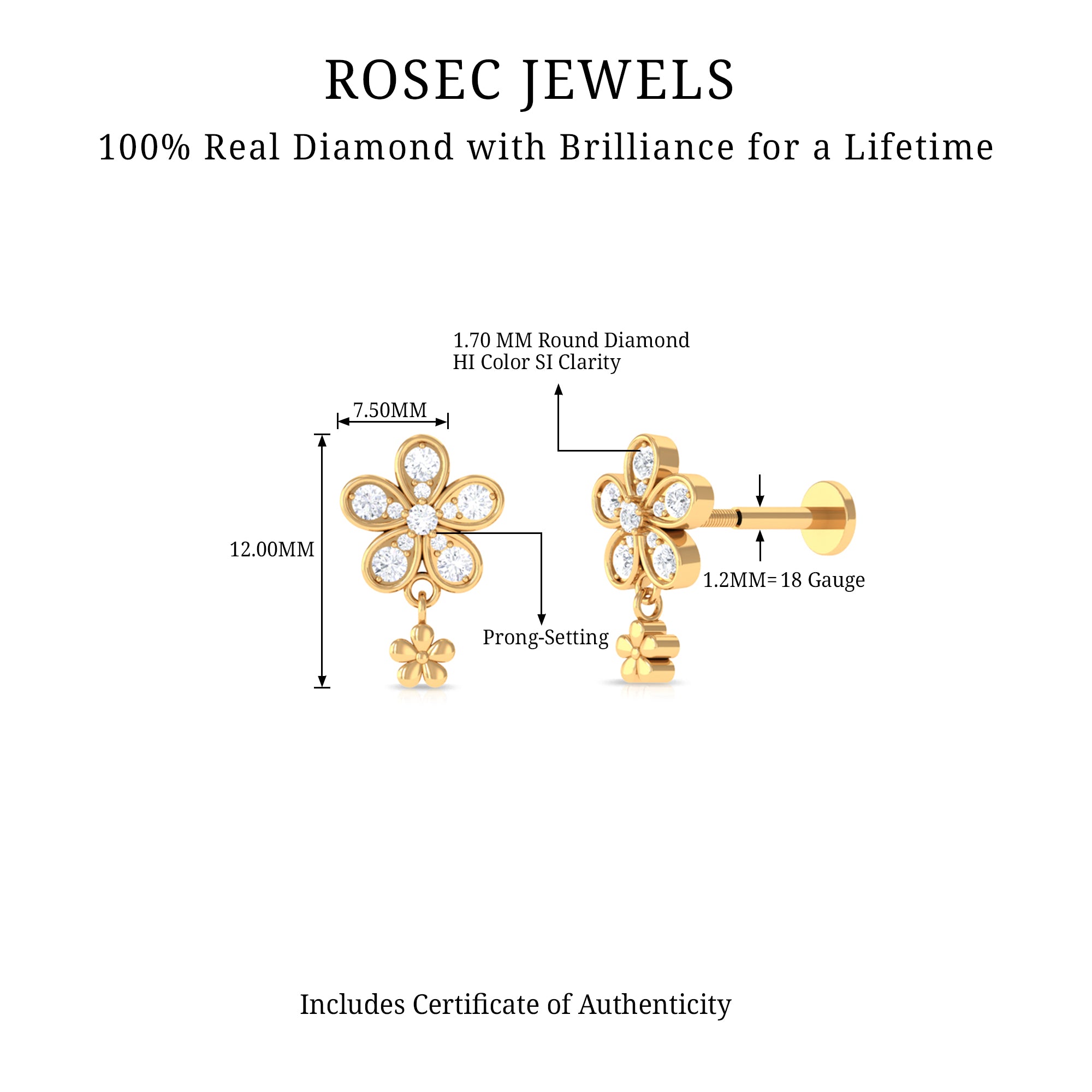 Certified Diamond Flower Helix Drop Earring Lab - ( EF-VS ) - Rosec Jewels