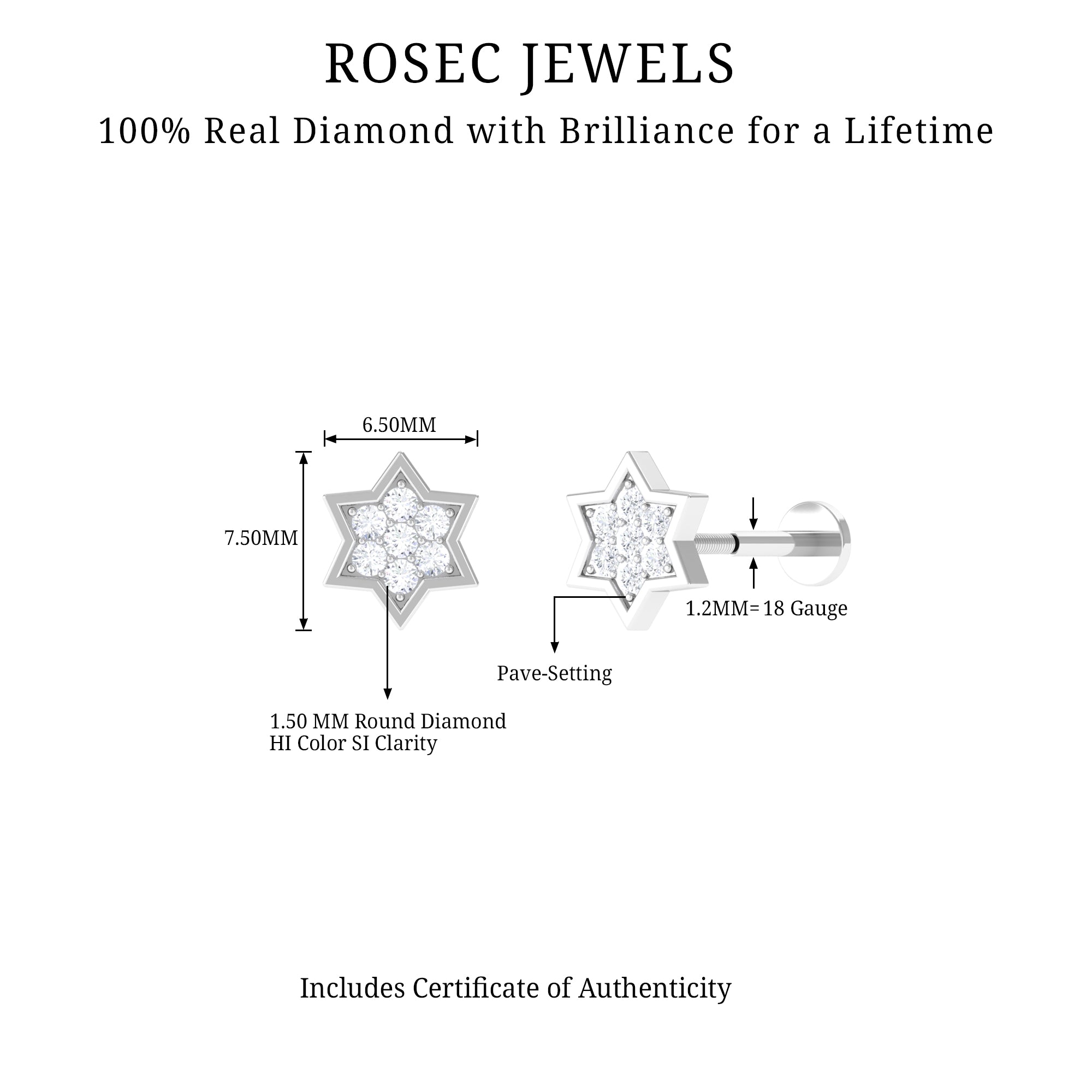 Certified Diamond Star Earring for Helix Piercing Lab - ( EF-VS ) - Rosec Jewels