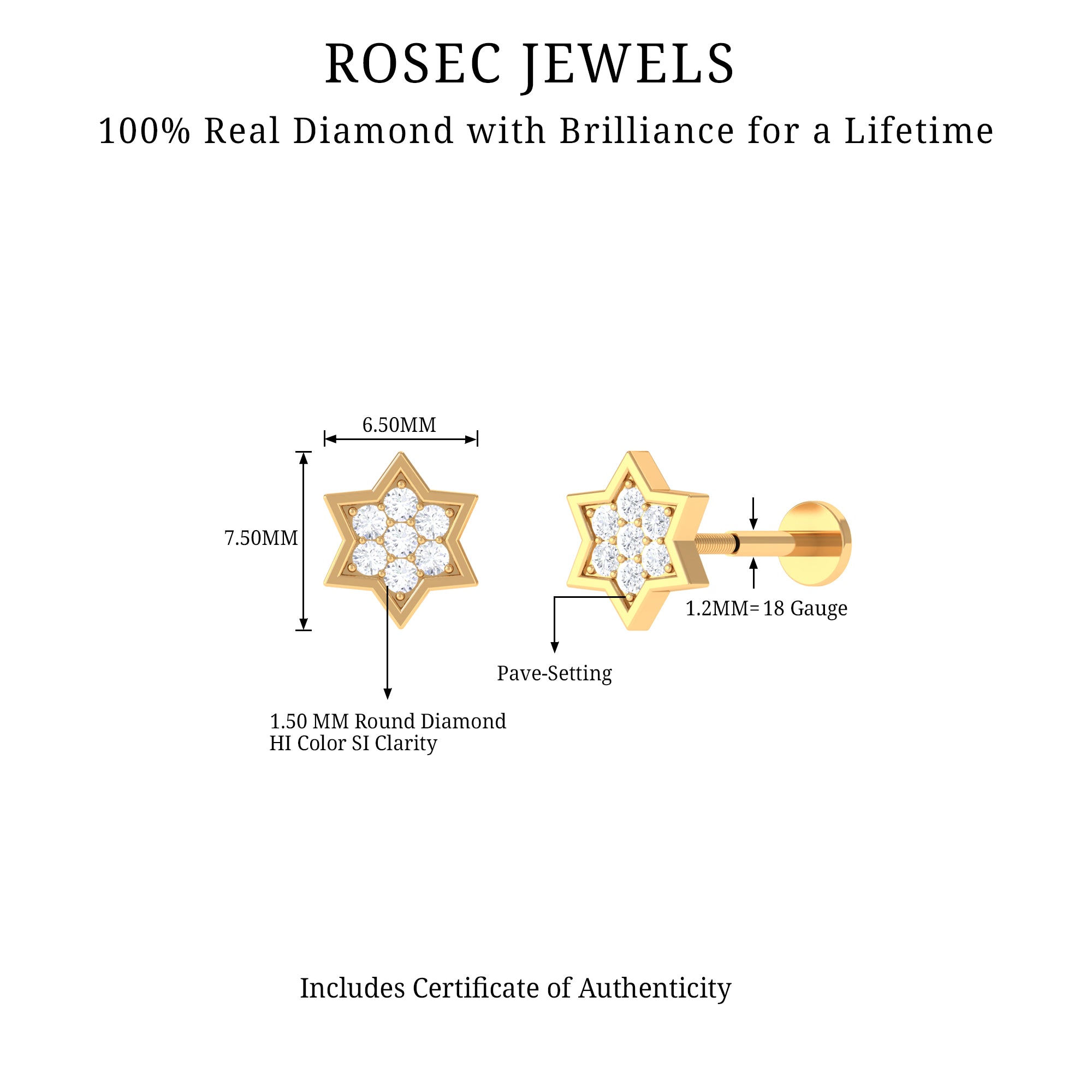 Certified Diamond Star Earring for Helix Piercing Lab - ( EF-VS ) - Rosec Jewels