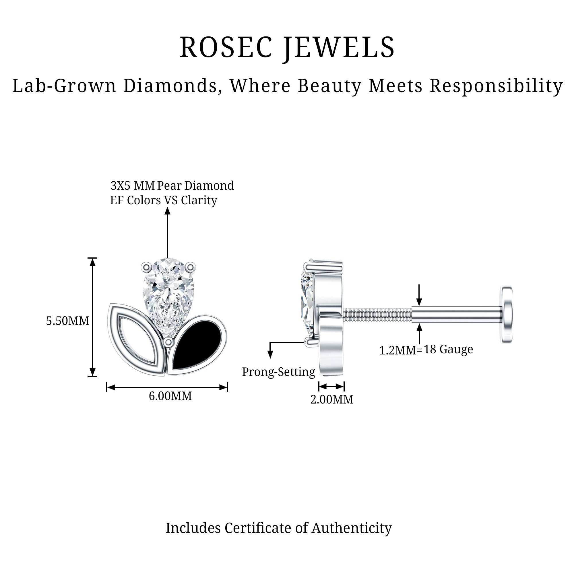 Pear Shape Diamond Leaf Earring for Helix Piercing Lab - ( EF-VS ) - Rosec Jewels