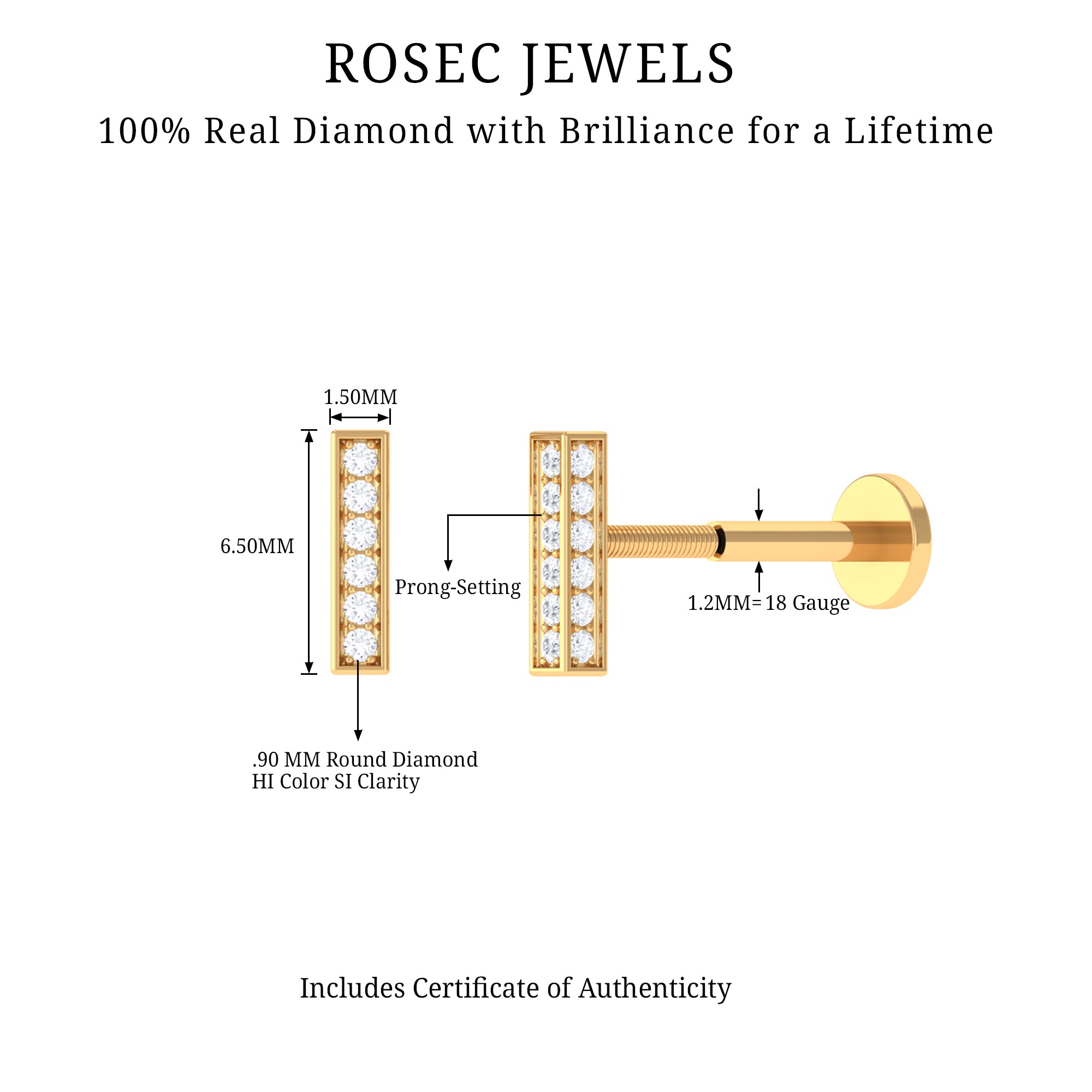 Diamond Bar Earring for Tragus Piercing Lab - ( EF-VS ) - Rosec Jewels