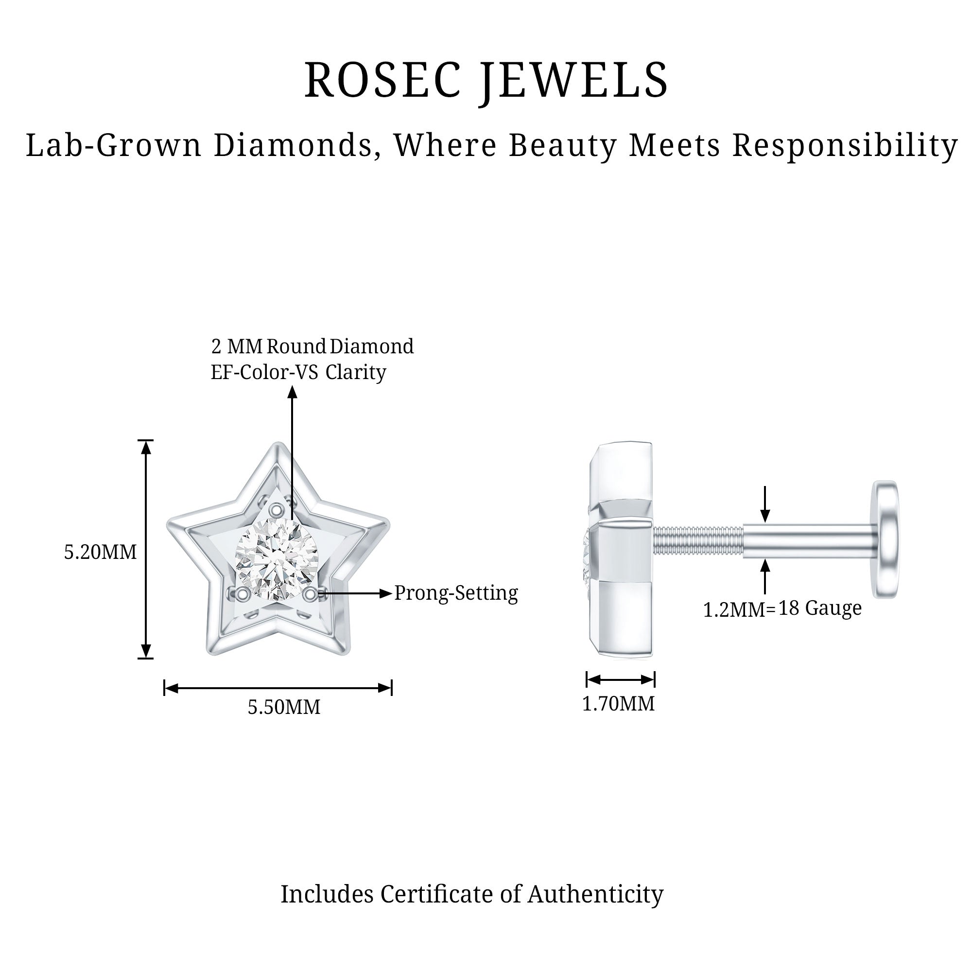 Dainty Diamond Star Earring for Tragus Piercing Lab - ( EF-VS ) - Rosec Jewels