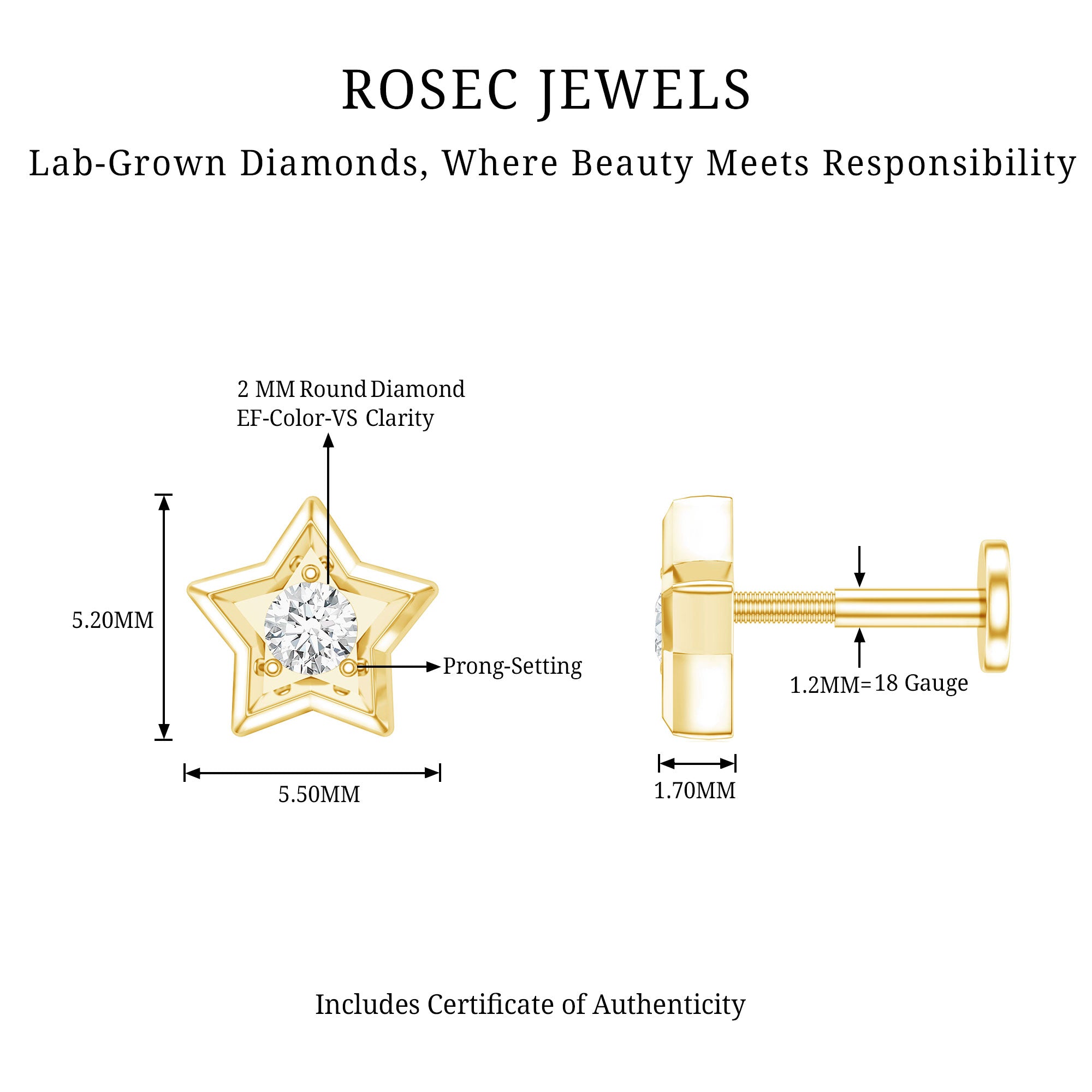 Dainty Diamond Star Earring for Tragus Piercing Lab - ( EF-VS ) - Rosec Jewels