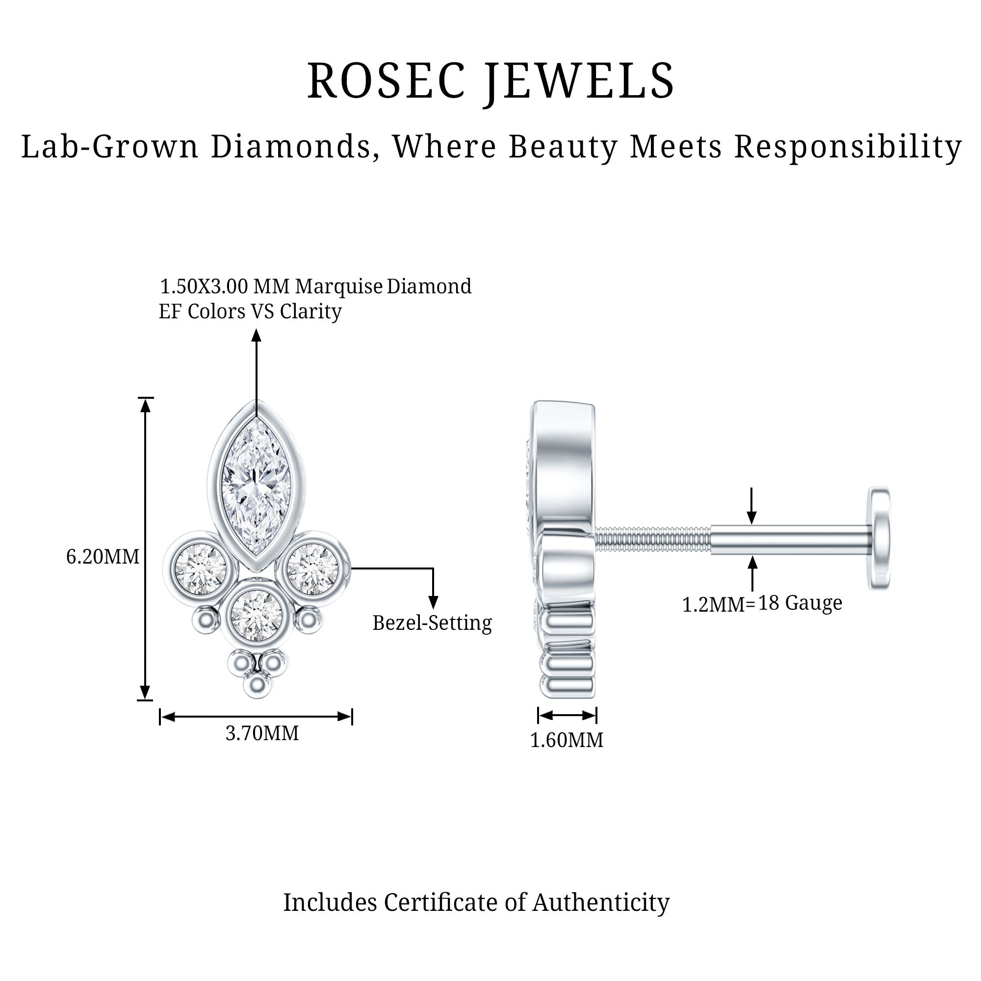 Unique Diamond Helix Earring in Bezel Setting Lab - ( EF-VS ) - Rosec Jewels