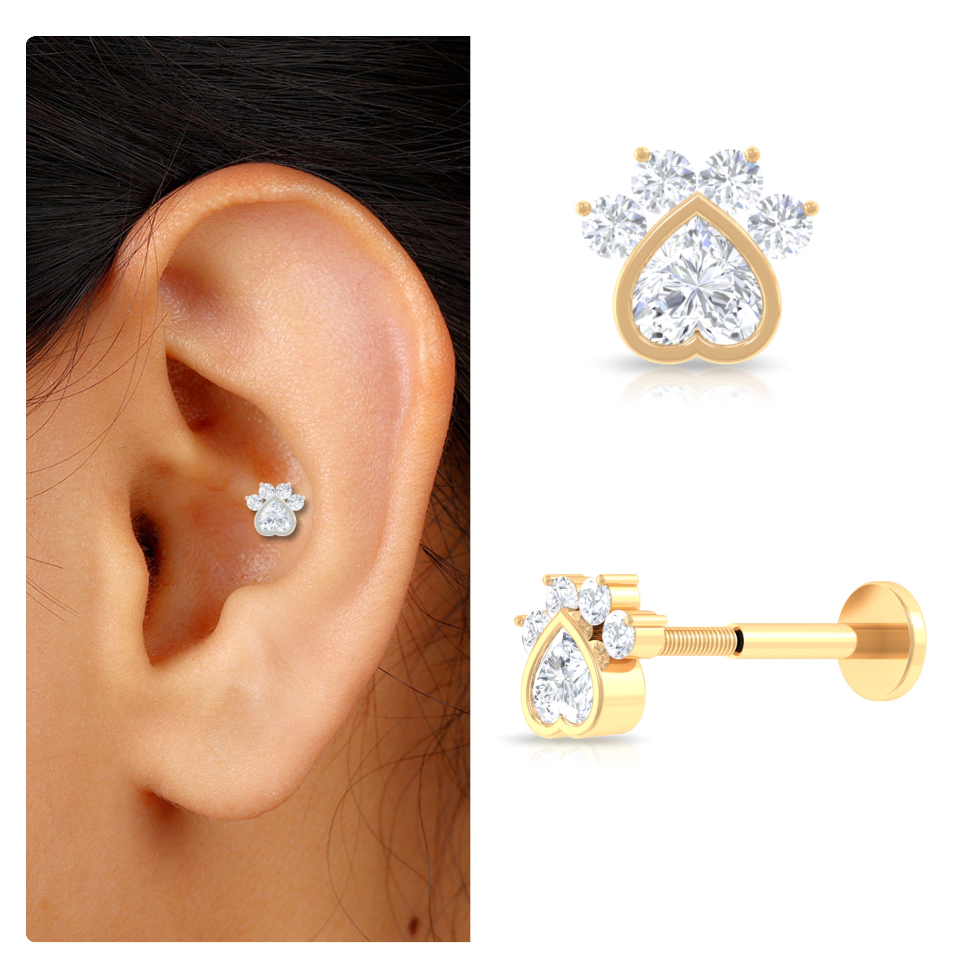 Heart Shape Diamond Dog Paw Print Earring Lab - ( EF-VS ) - Rosec Jewels